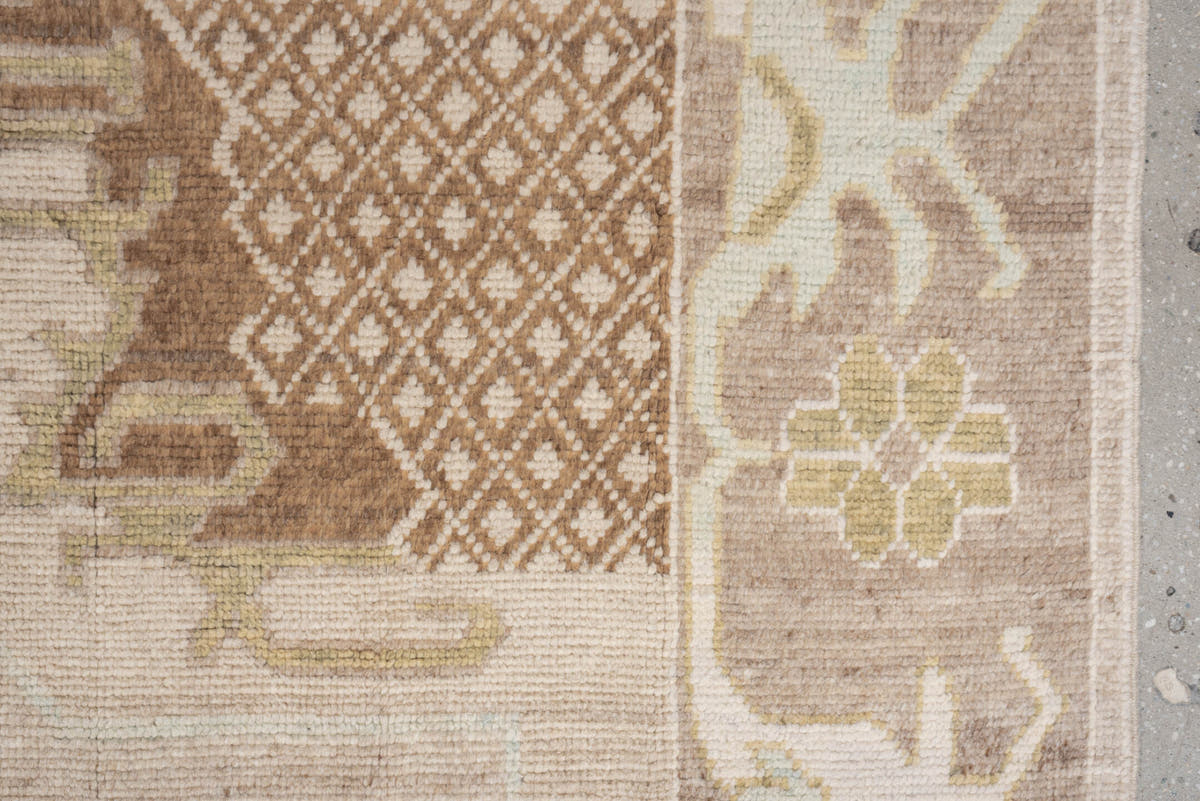 8' x 10' one-of-a-kind handmade vintage Oushak large size rug. Color palette: beige, ivory, taupe, sage, camel, brown