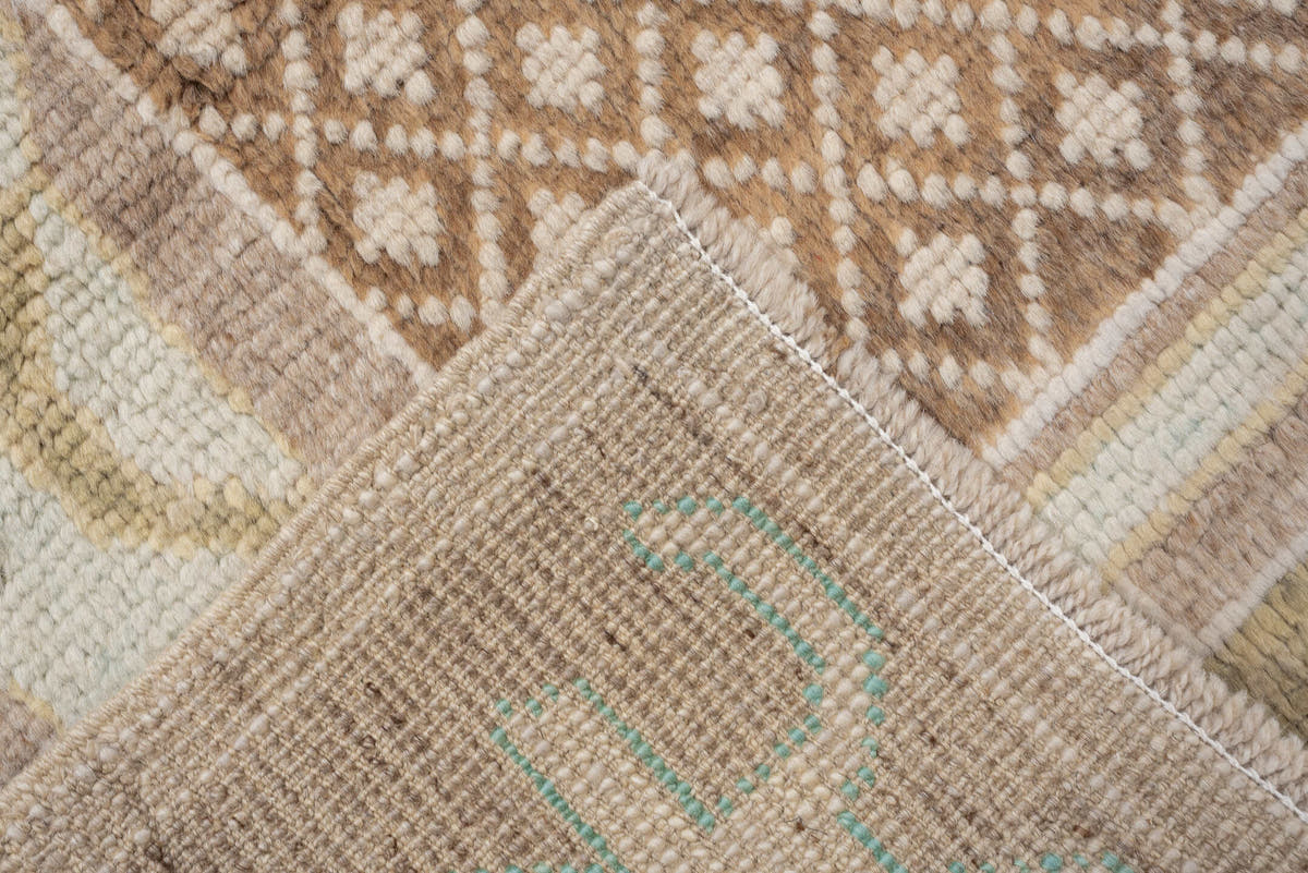 8' x 10' one-of-a-kind handmade vintage Oushak large size rug. Color palette: beige, ivory, taupe, sage, camel, brown