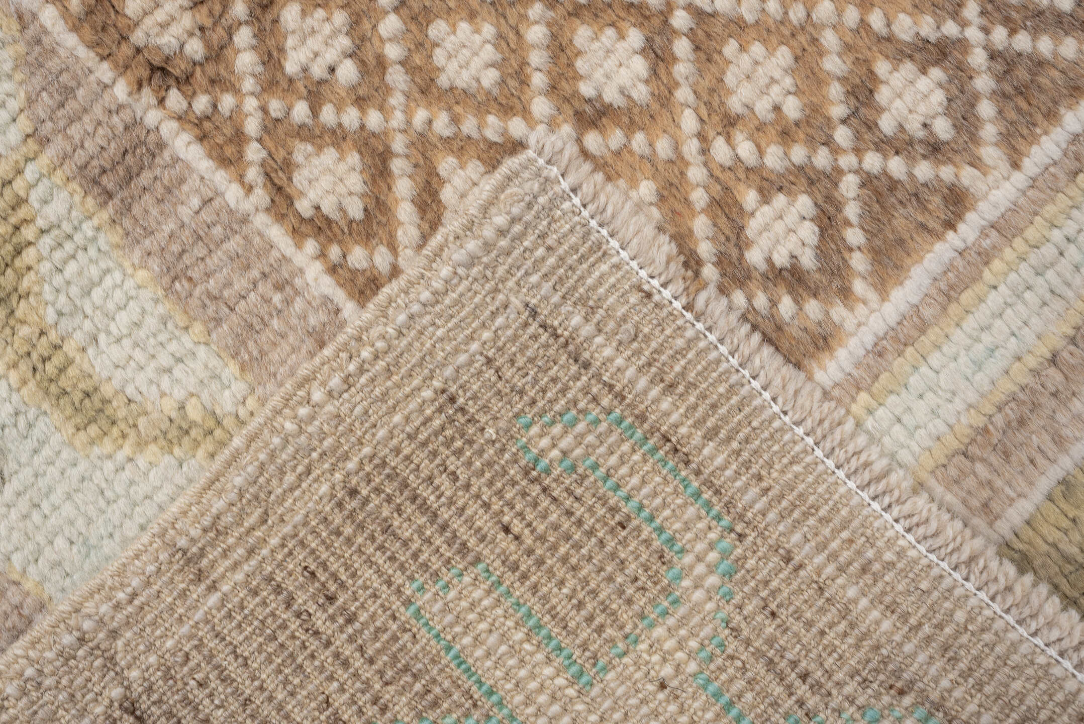 8' x 10' one-of-a-kind handmade vintage Oushak large size rug. Color palette: beige, ivory, taupe, sage, camel, brown