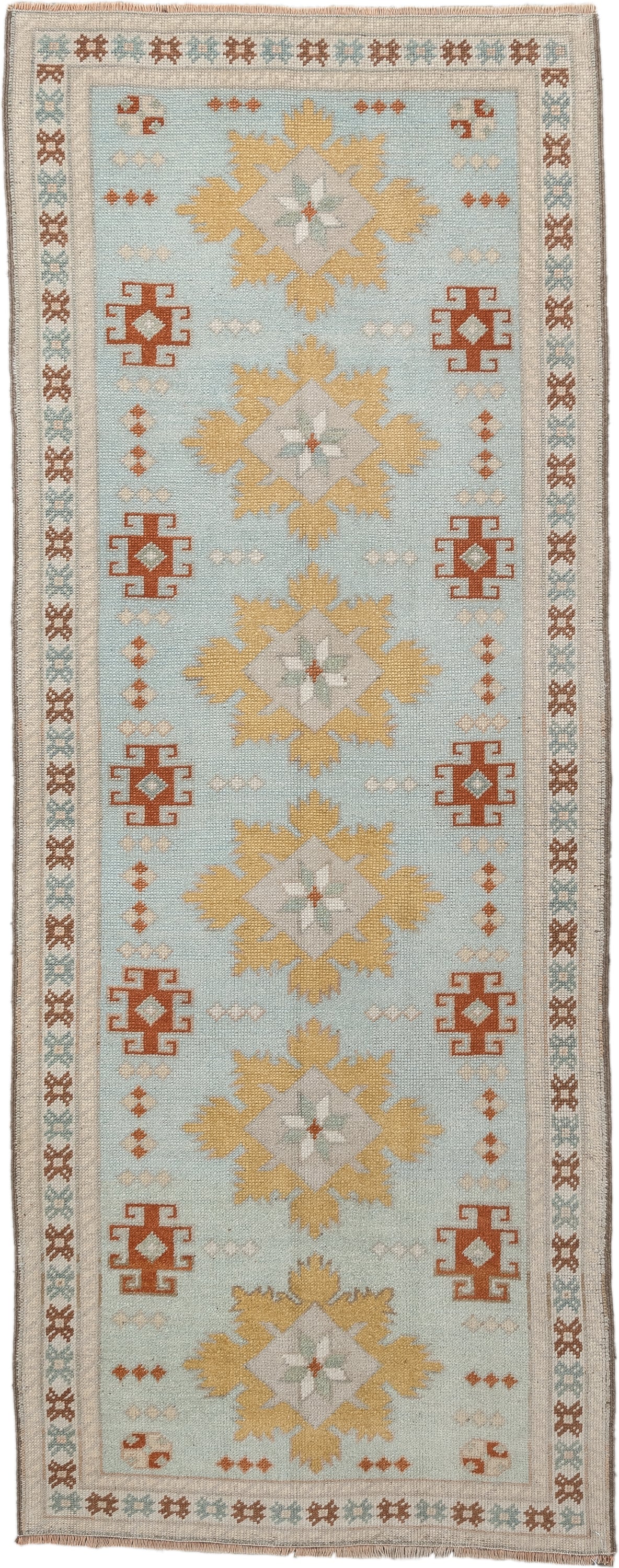 2' x 8' one-of-a-kind handmade vintage Oushak runner rug. Color palette: pale blue, ivory, gold, rust, taupe, sage