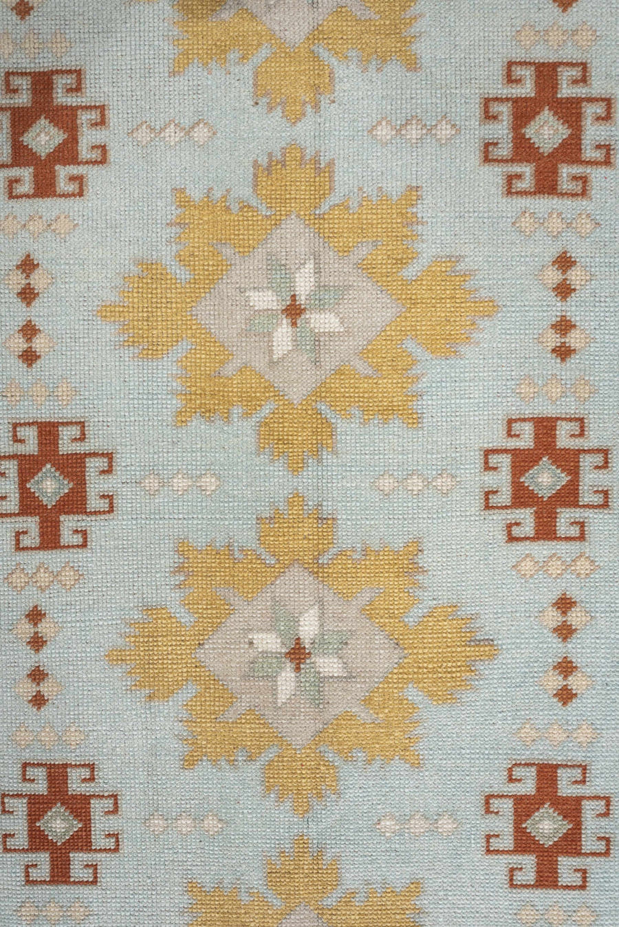 2' x 8' one-of-a-kind handmade vintage Oushak runner rug. Color palette: pale blue, ivory, gold, rust, taupe, sage