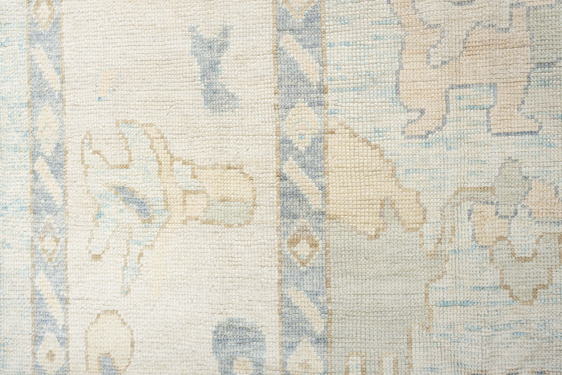 12' x 17' one-of-a-kind handmade vintage Oushak oversize rug. Color palette: ivory, pale blue, beige, taupe, cream, sage