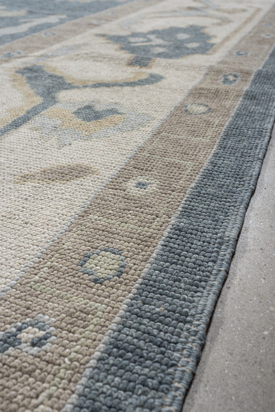 13' x 16' one-of-a-kind handmade vintage Oushak oversize rug. Color palette: blue, ivory, beige, taupe, sage, gold, gray