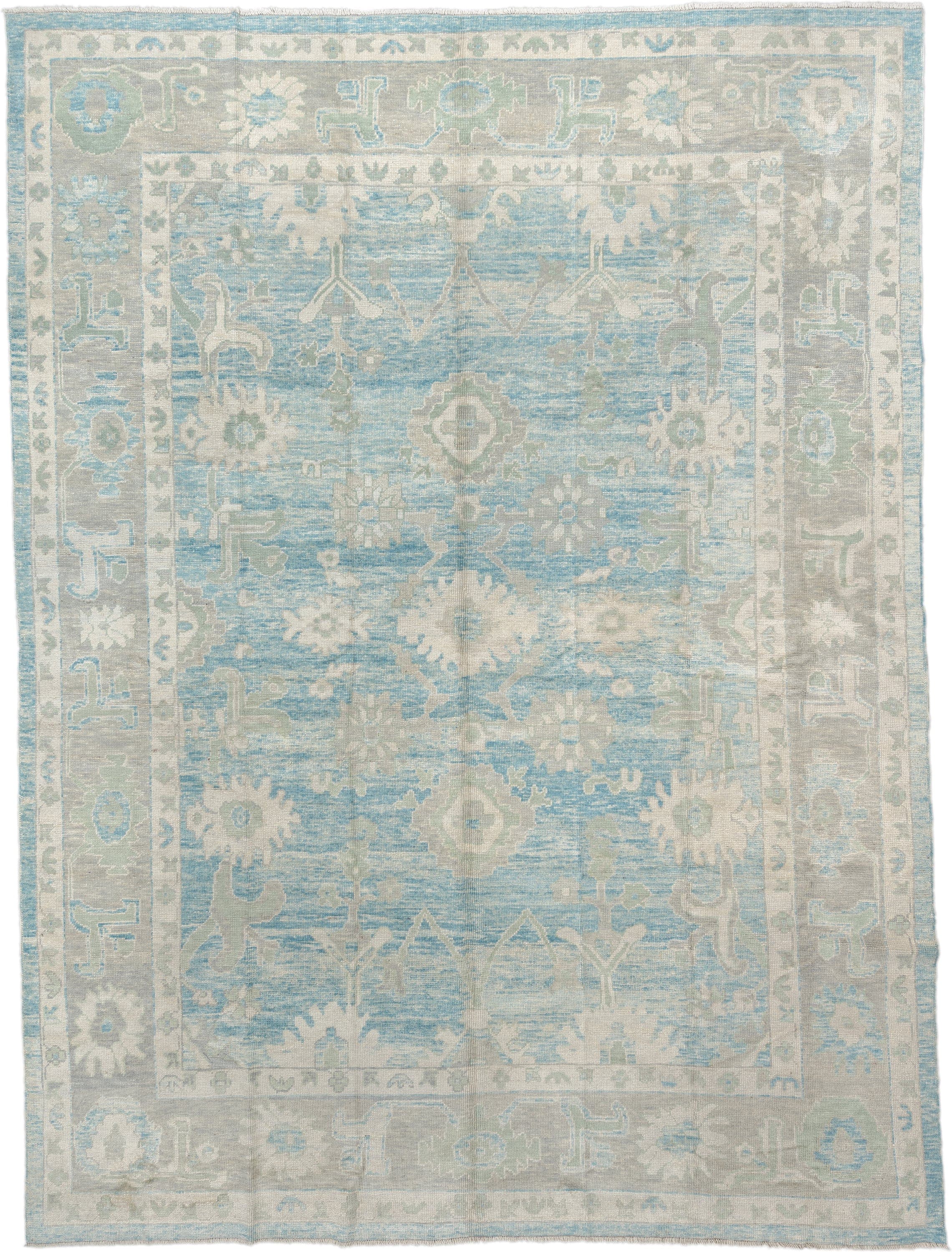 10' x 14' one-of-a-kind handmade vintage Oushak large size rug. Color palette: sky blue, ivory, taupe, light gray, cream