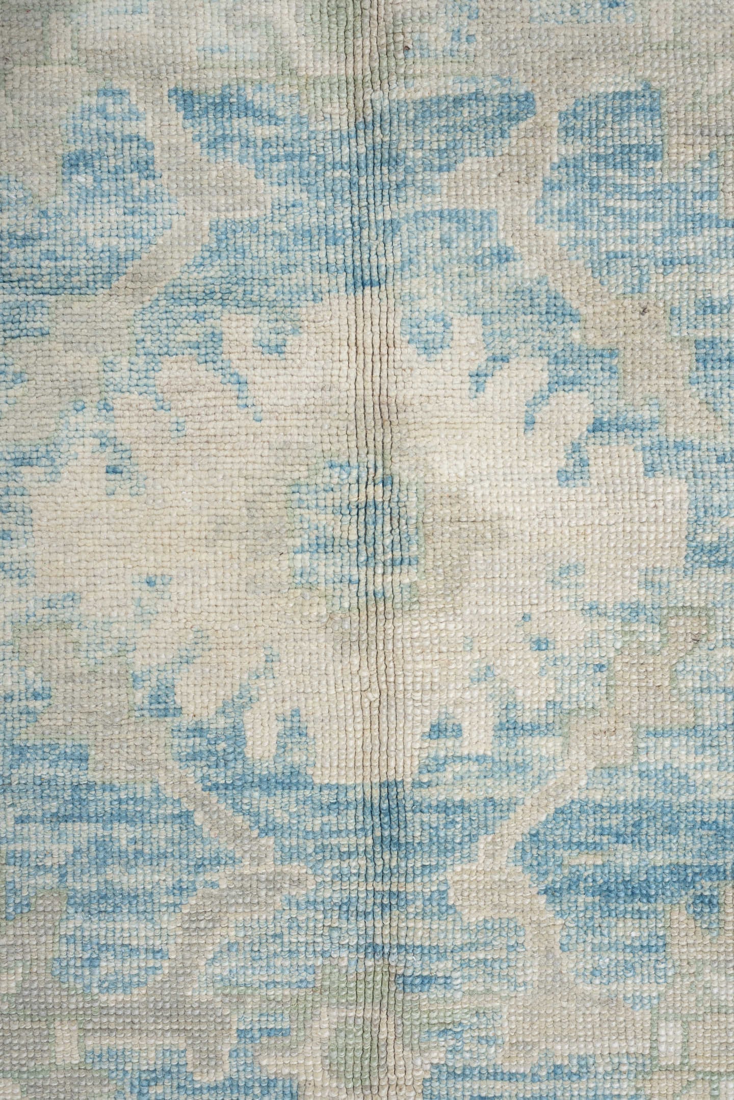 10' x 14' one-of-a-kind handmade vintage Oushak large size rug. Color palette: sky blue, ivory, taupe, light gray, cream