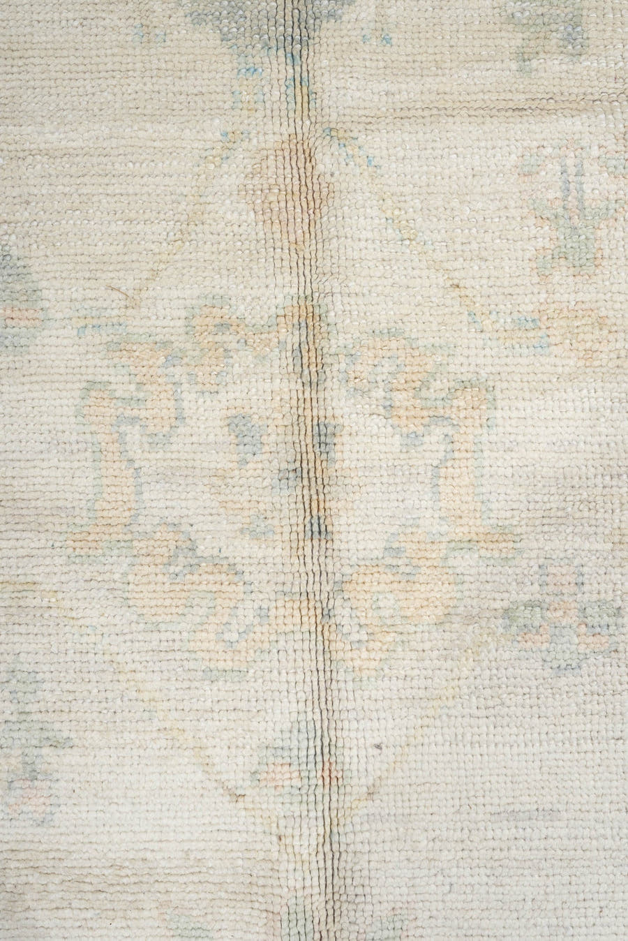 12' x 16' one-of-a-kind handmade vintage Oushak oversize rug. Color palette: ivory, pale blue, cream, taupe, blush, sage