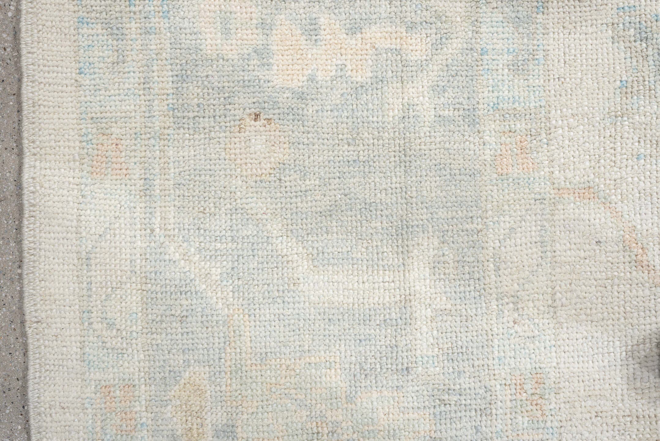 12' x 16' one-of-a-kind handmade vintage Oushak oversize rug. Color palette: ivory, pale blue, cream, taupe, blush, sage