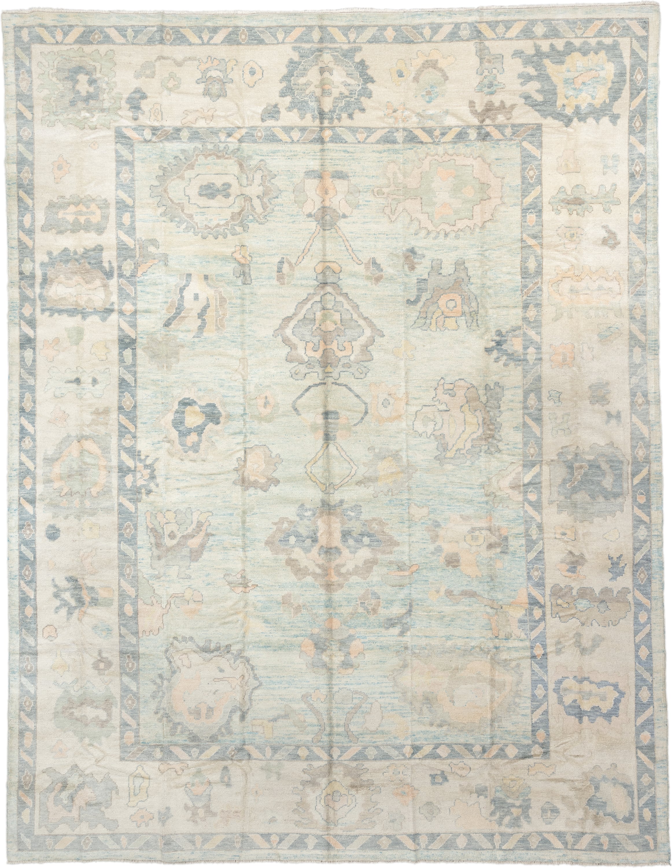 12' x 15' one-of-a-kind handmade vintage Oushak oversize rug. Color palette: ivory, pale blue, sky blue, taupe, beige, sage