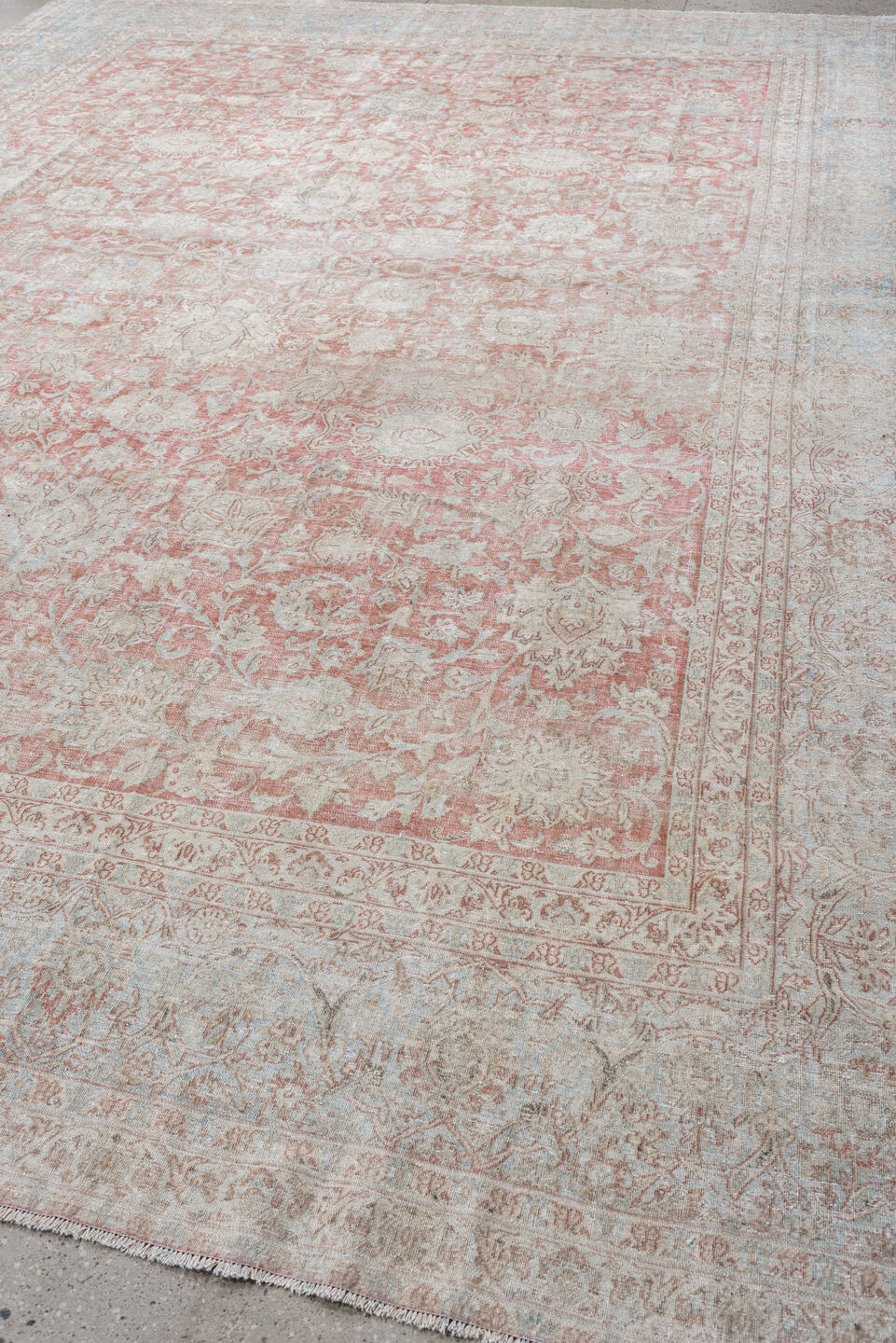 10' x 14' one-of-a-kind handmade antique Isfahan rug. Color palette: rose, ivory, pale blue, cream, taupe, blush, pink, red