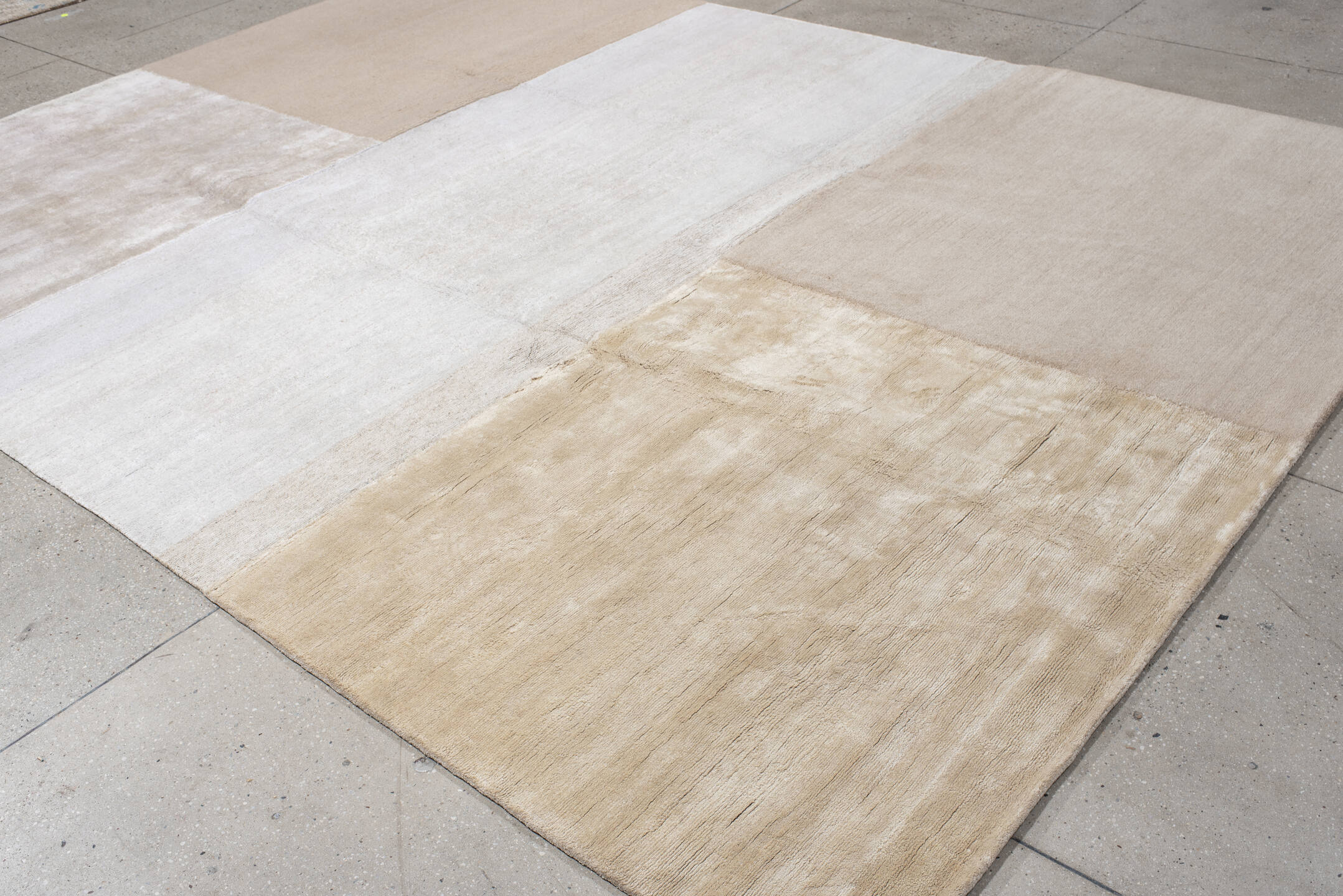 9' x 12' one-of-a-kind handmade handmade Modern large size rug. Color palette: ivory, beige, taupe, cream, camel, gray