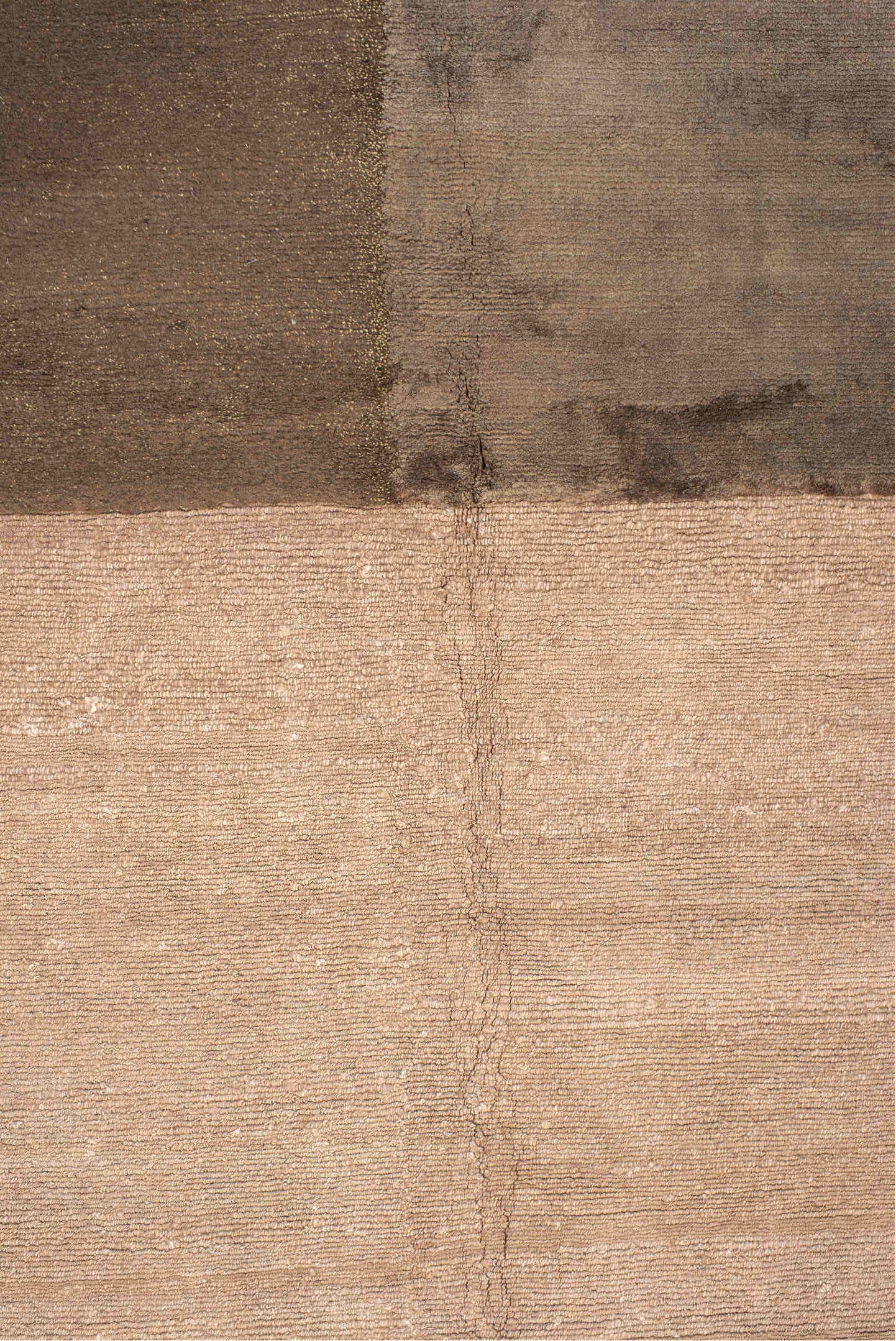 9' x 12' one-of-a-kind handmade vintage Modern large size rug. Color palette: brown, off-white, orange, tan