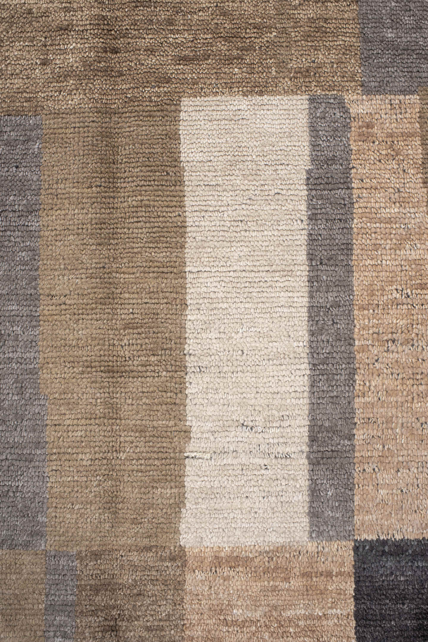 9' x 12' one-of-a-kind handmade handmade Modern large size rug. Color palette: taupe, charcoal, ivory, camel, greige, beige