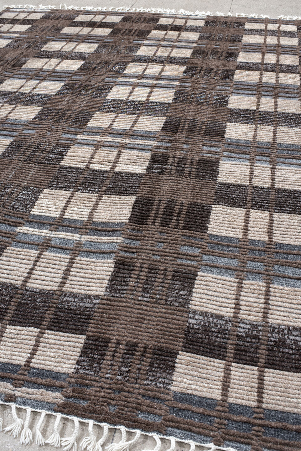 9' x 12' one-of-a-kind handmade vintage Tulu large size rug. Color palette: taupe, ivory, charcoal, slate, brown, beige