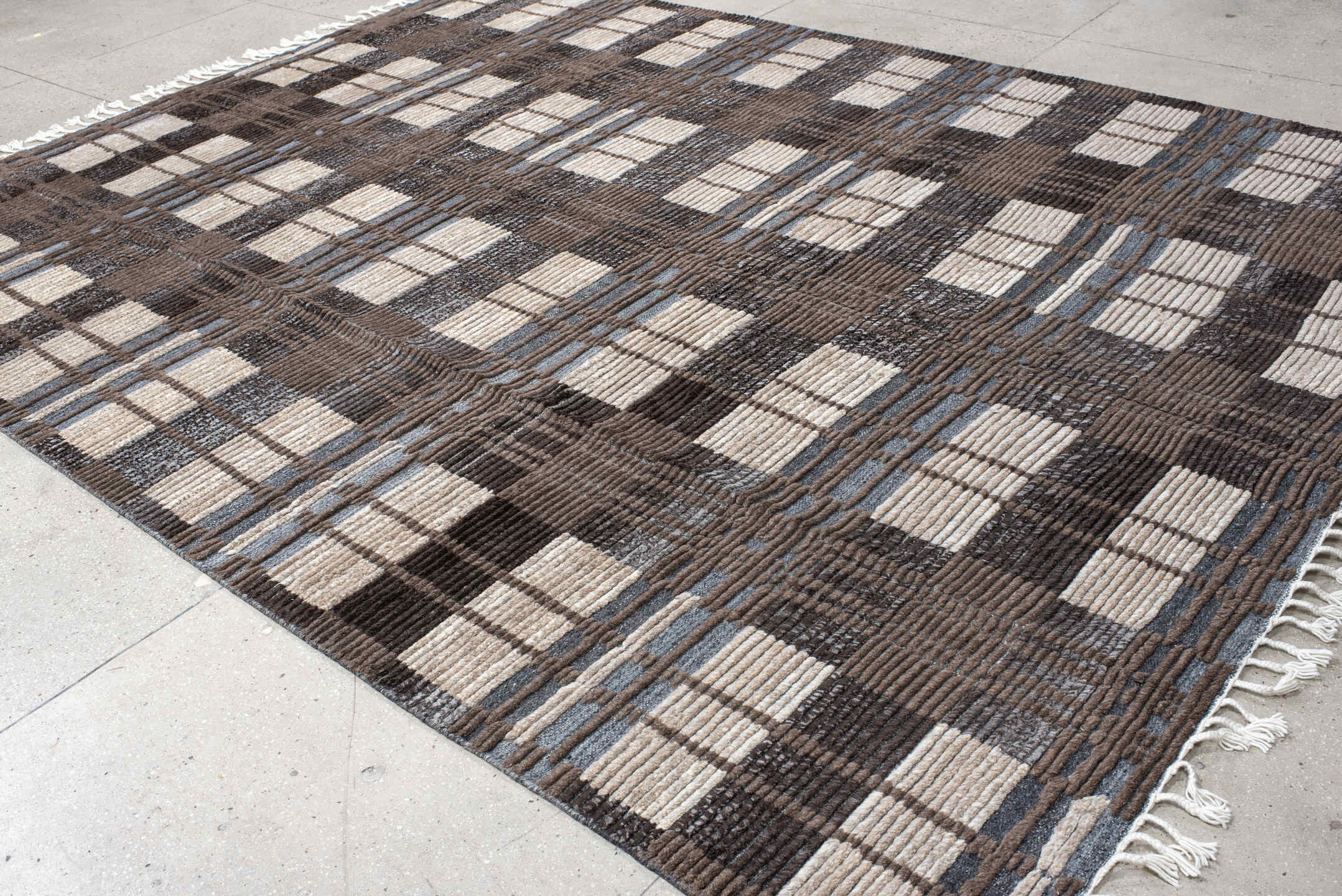 9' x 12' one-of-a-kind handmade vintage Tulu large size rug. Color palette: taupe, ivory, charcoal, slate, brown, beige
