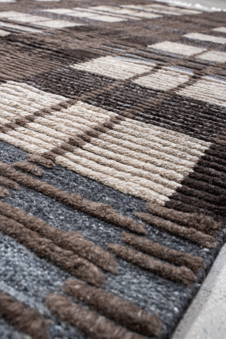 9' x 12' one-of-a-kind handmade vintage Tulu large size rug. Color palette: taupe, ivory, charcoal, slate, brown, beige
