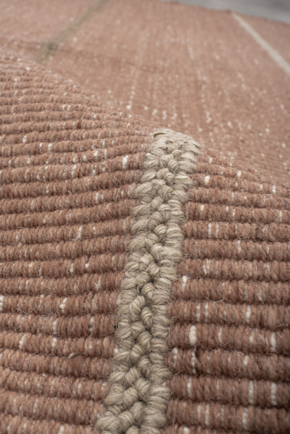 6' x 9' one-of-a-kind handmade vintage Flatweave medium size rug. Color palette: blush, taupe, ivory, camel, pink, beige