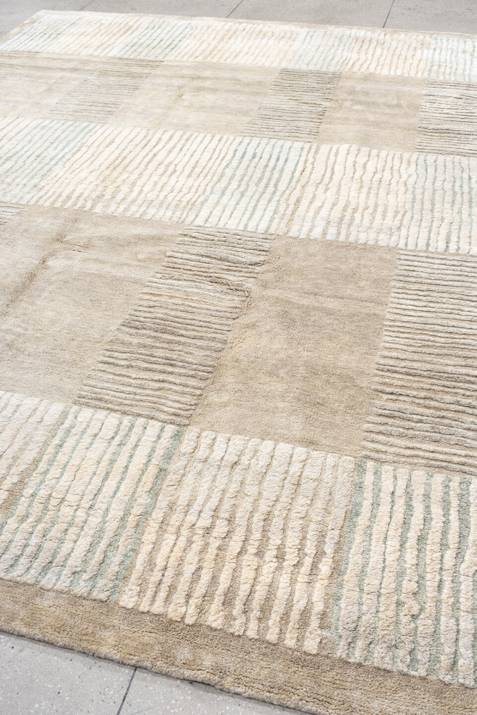 9' x 12' one-of-a-kind handmade handmade Contemporary large size rug. Color palette: ivory, beige, taupe, sage, cream, gray