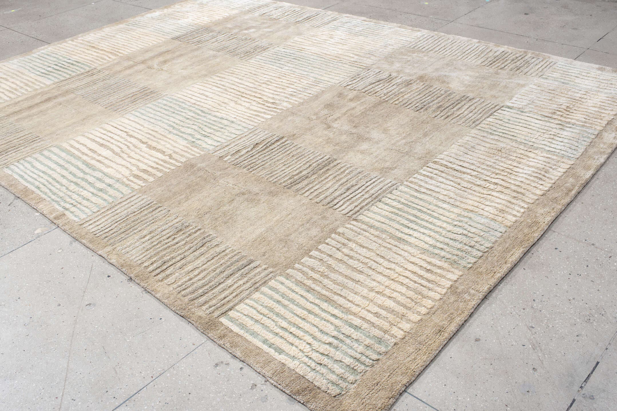 9' x 12' one-of-a-kind handmade handmade Contemporary large size rug. Color palette: ivory, beige, taupe, sage, cream, gray