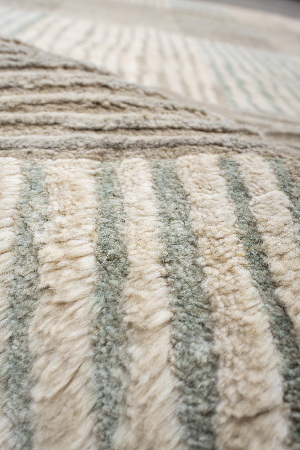9' x 12' one-of-a-kind handmade handmade Contemporary large size rug. Color palette: ivory, beige, taupe, sage, cream, gray