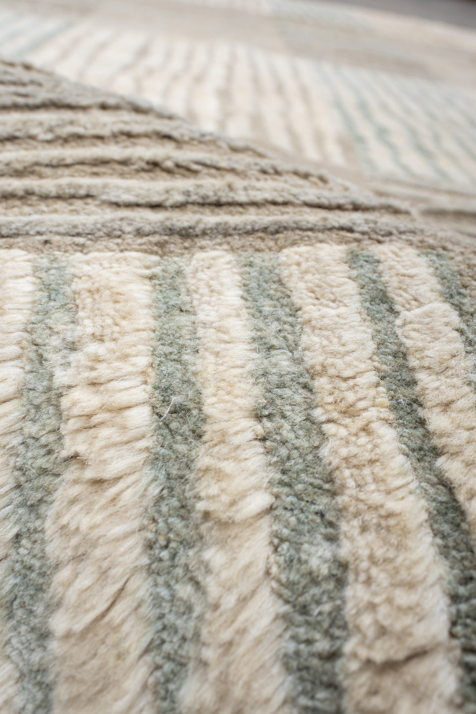9' x 12' one-of-a-kind handmade handmade Contemporary large size rug. Color palette: ivory, beige, taupe, sage, cream, gray