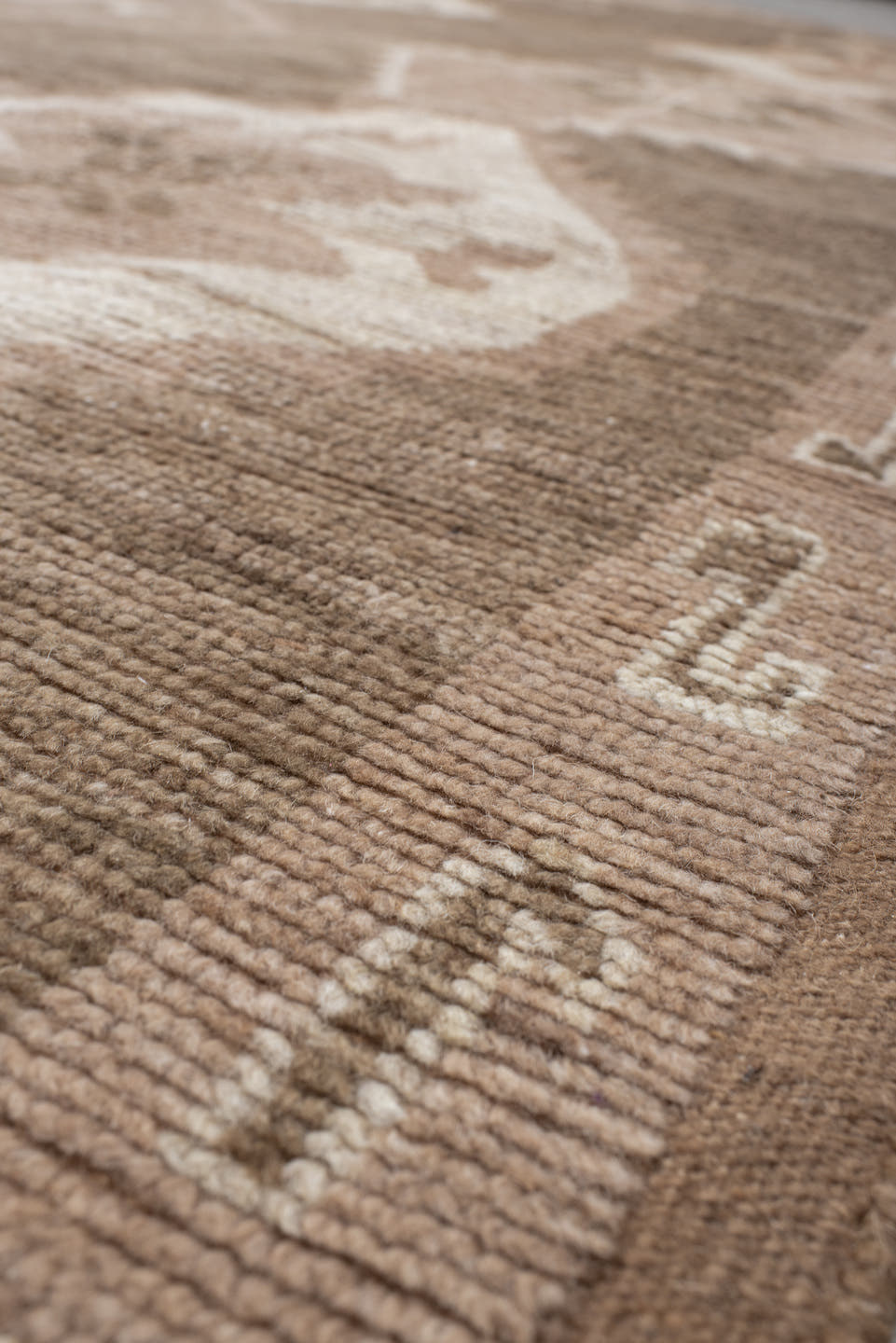 9' x 12' one-of-a-kind handmade vintage Kars large size rug. Color palette: taupe, brown, ivory, blush, camel, beige, gray