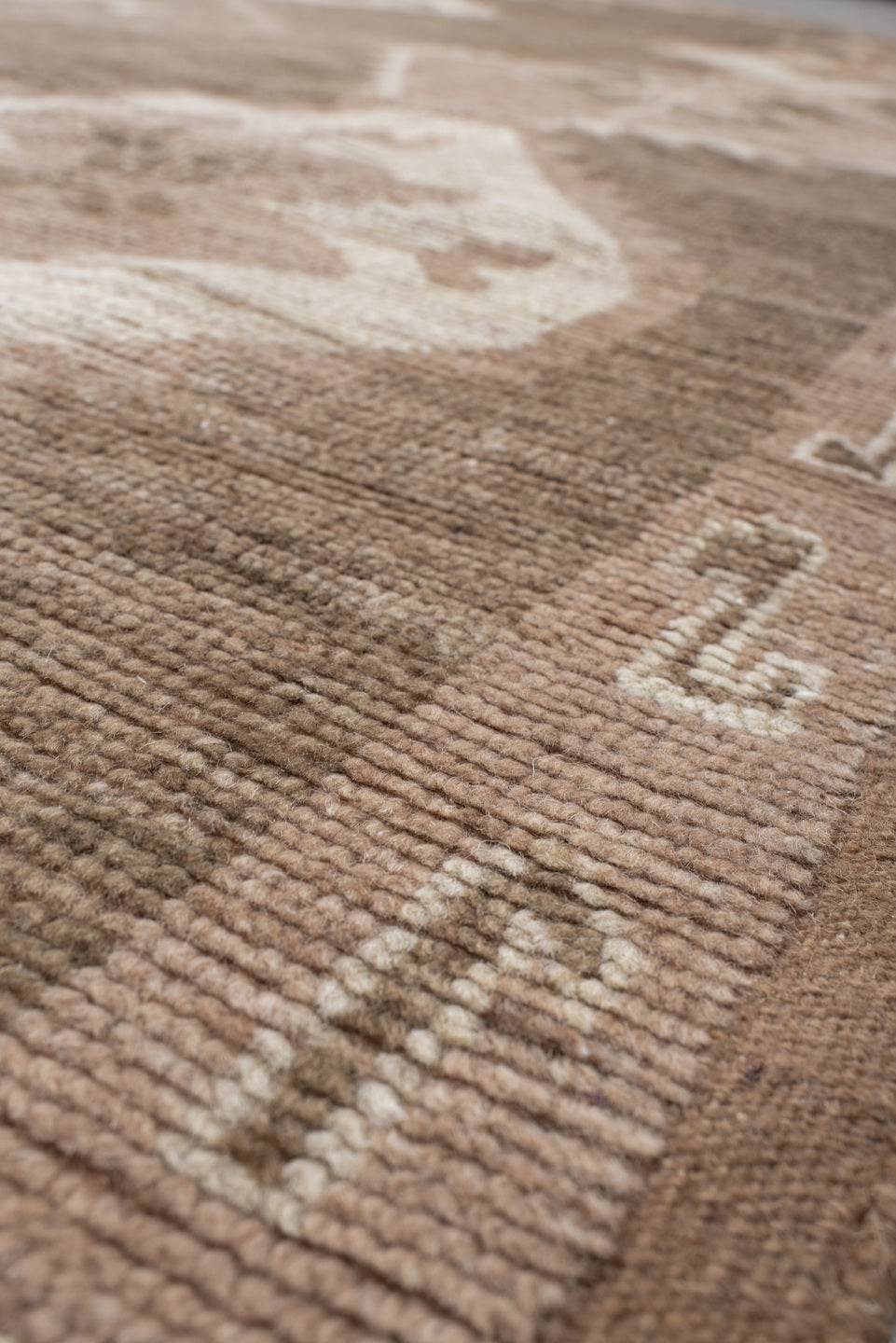 9' x 12' one-of-a-kind handmade vintage Kars large size rug. Color palette: taupe, brown, ivory, blush, camel, beige, gray