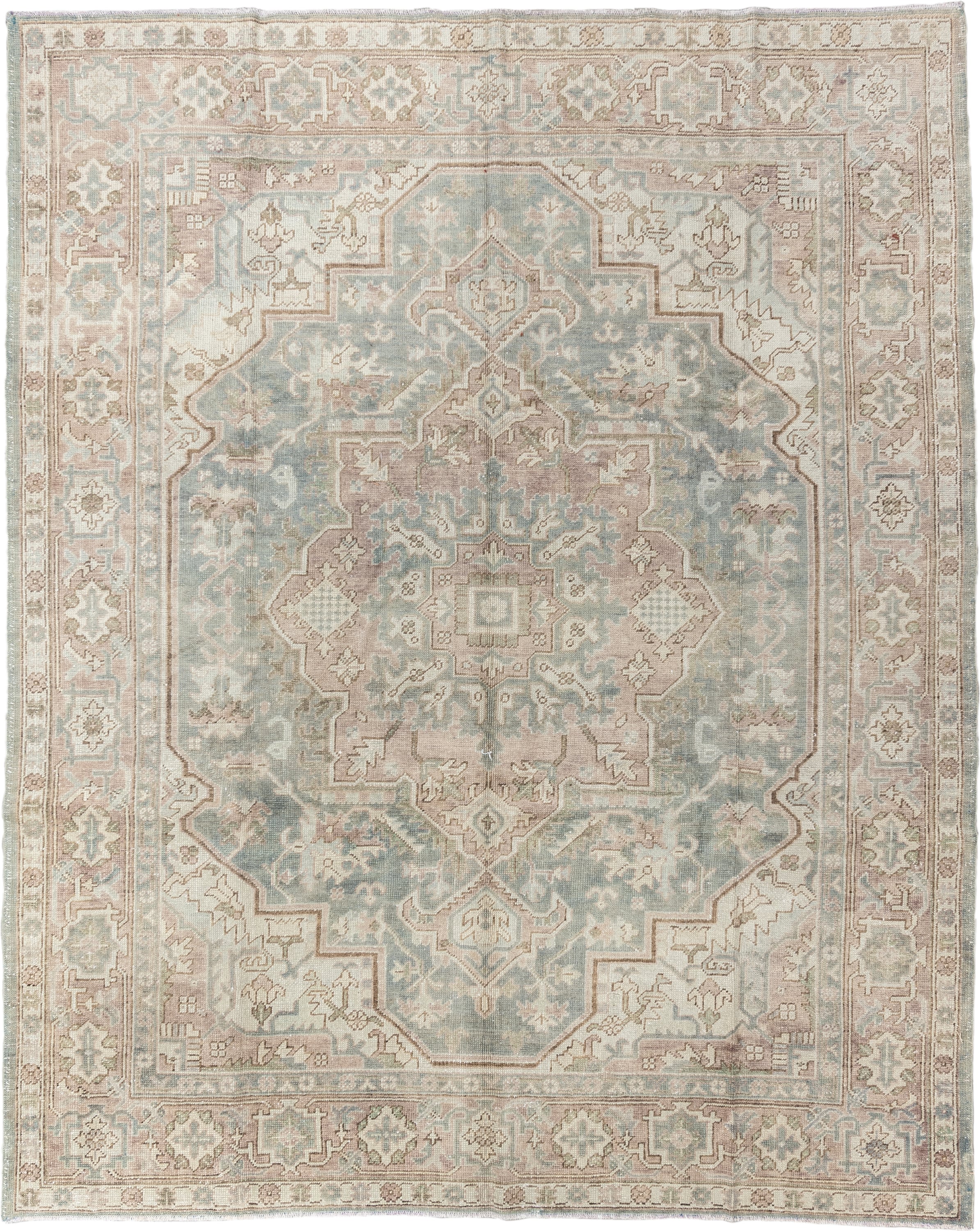 7' x 9' one-of-a-kind handmade vintage Heriz large size rug. Color palette: ivory, pale blue, taupe, beige, blush, sage