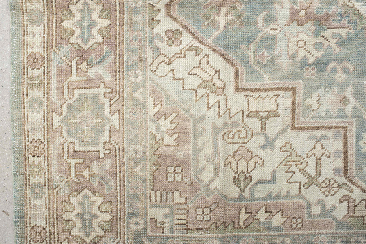 7' x 9' one-of-a-kind handmade vintage Heriz large size rug. Color palette: ivory, pale blue, taupe, beige, blush, sage