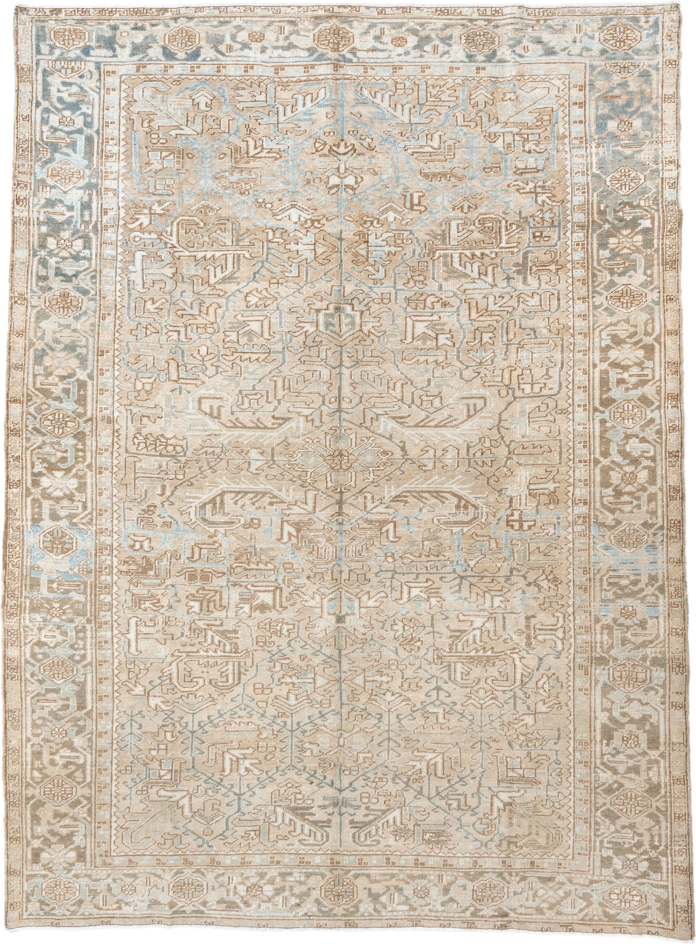 7' x 10' one-of-a-kind handmade vintage Heriz large size rug. Color palette: ivory, taupe, light blue, beige, camel, gray