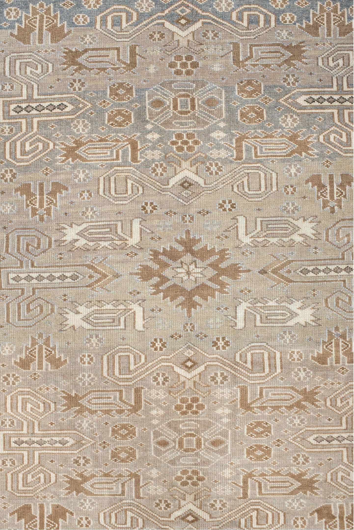 4' x 7' one-of-a-kind handmade vintage Perpedil rug. Color palette: taupe, ivory, beige, camel, slate, brown, gray