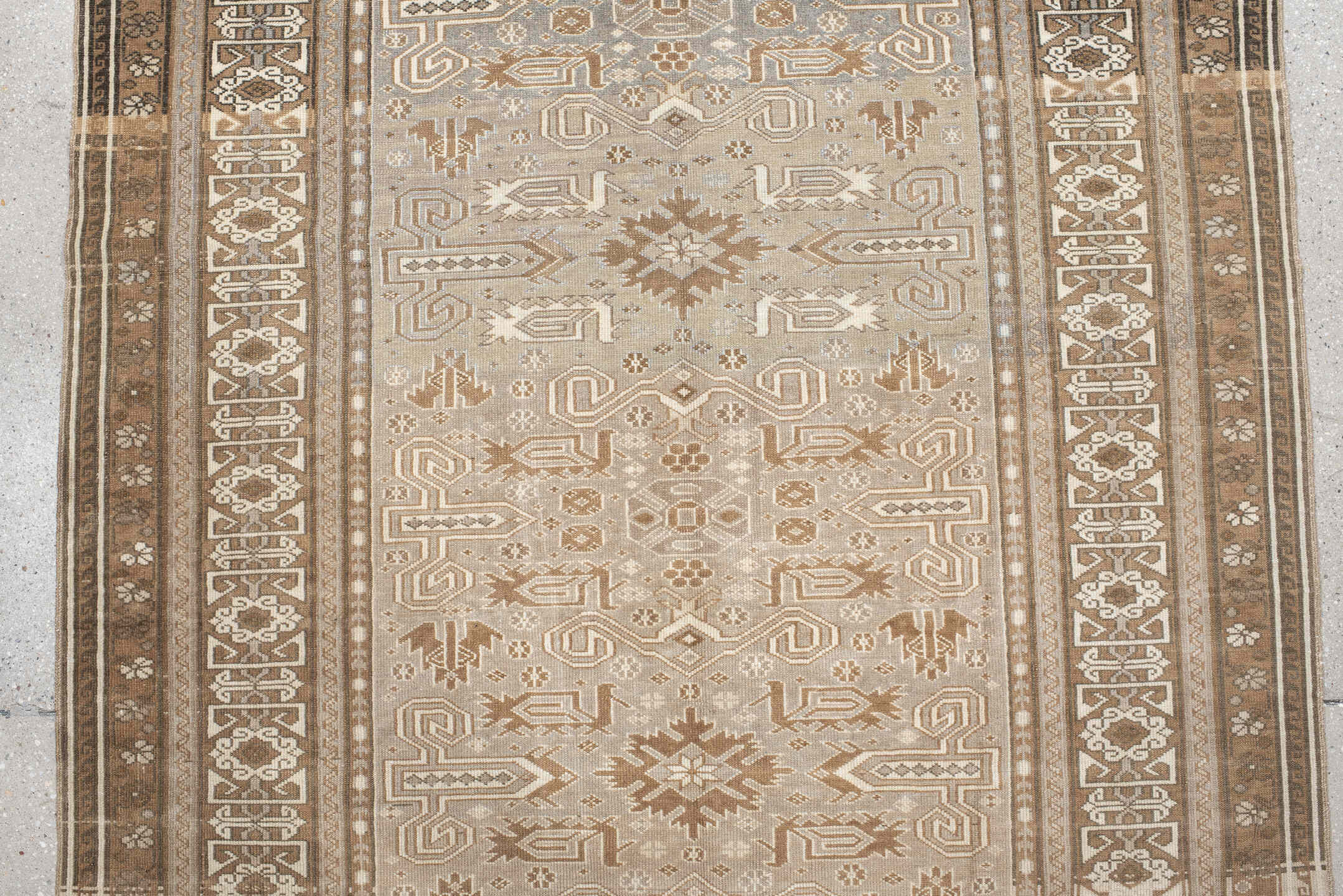 4' x 7' one-of-a-kind handmade vintage Perpedil rug. Color palette: taupe, ivory, beige, camel, slate, brown, gray