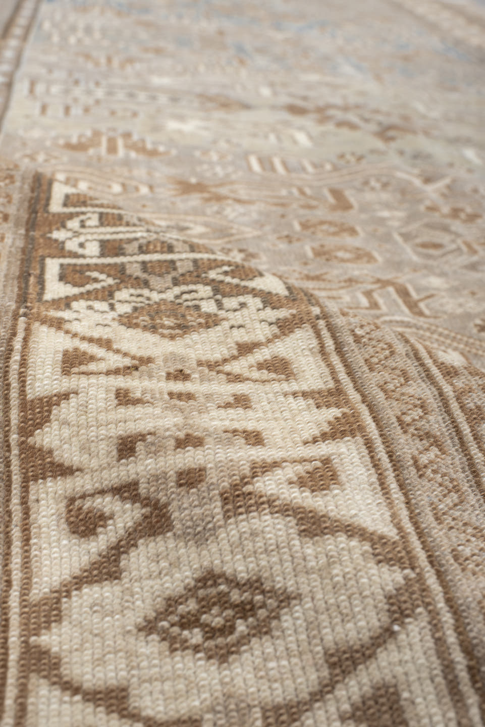 4' x 7' one-of-a-kind handmade vintage Perpedil rug. Color palette: taupe, ivory, beige, camel, slate, brown, gray