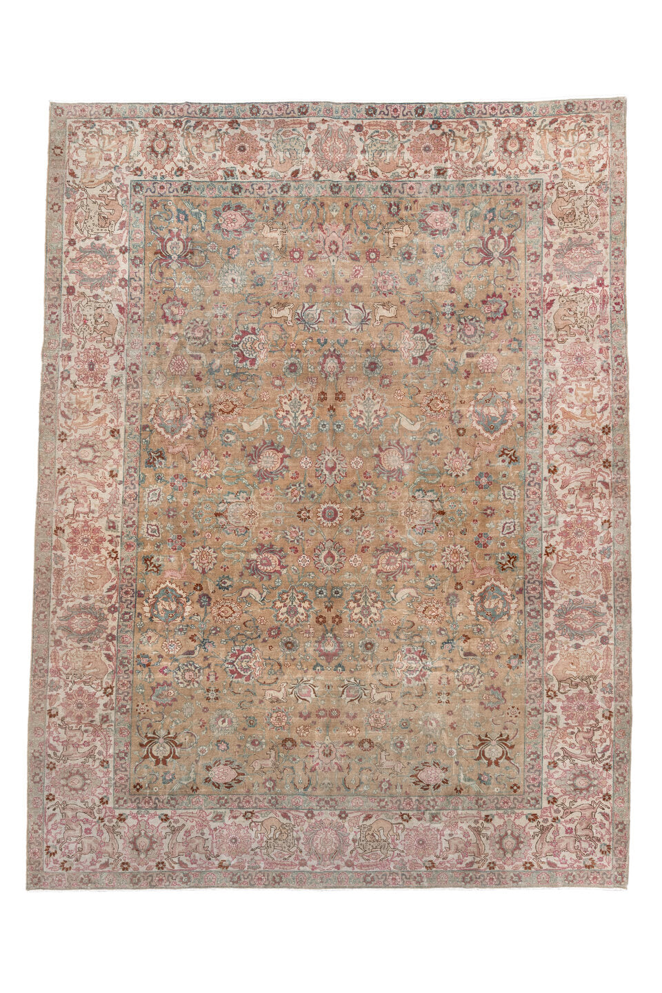 8' x 10' one-of-a-kind handmade vintage Tabriz large size rug. Color palette: tan, ivory, rose, aqua, dusty blue, taupe