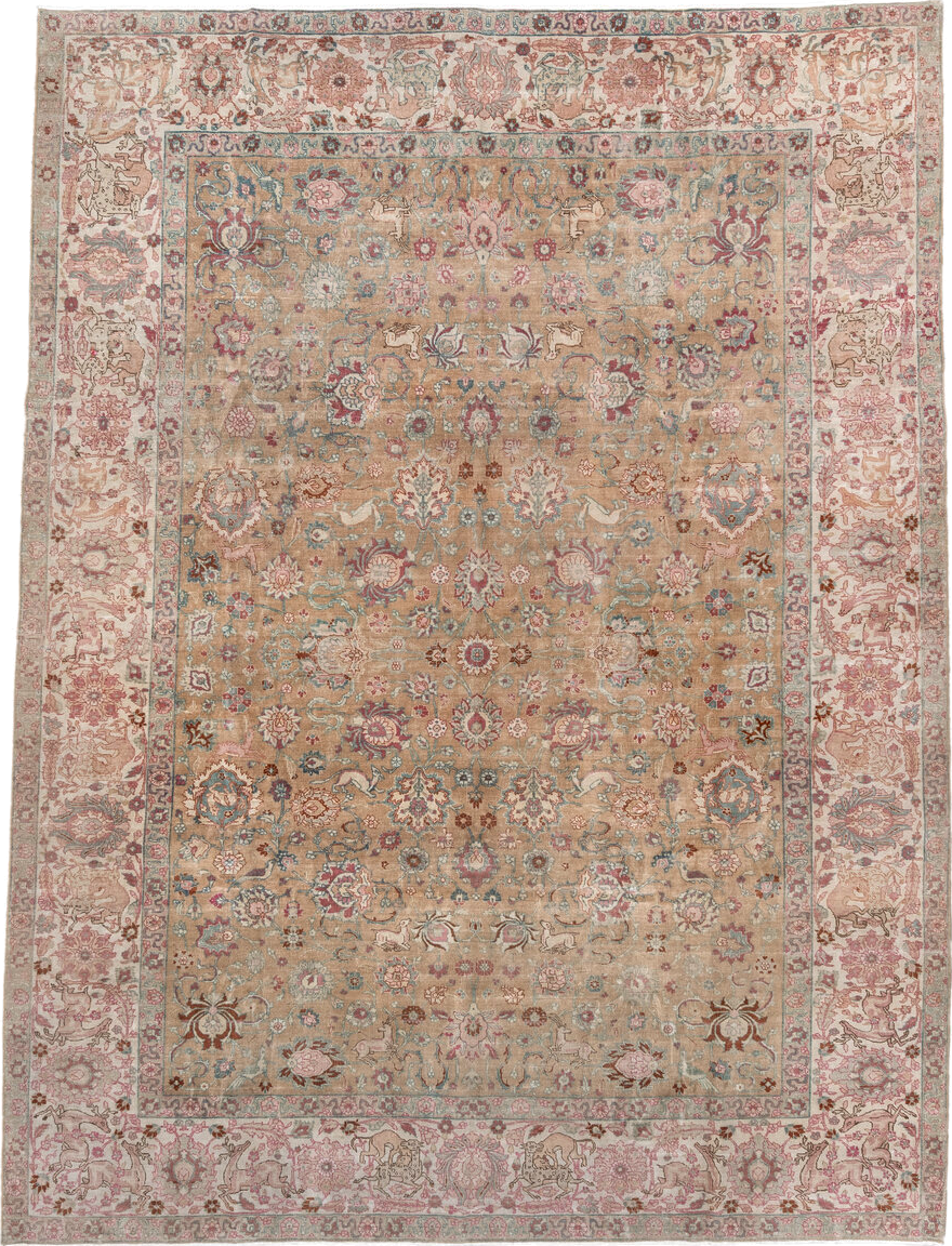 8' x 10' one-of-a-kind handmade vintage Tabriz large size rug. Color palette: tan, ivory, rose, aqua, dusty blue, taupe