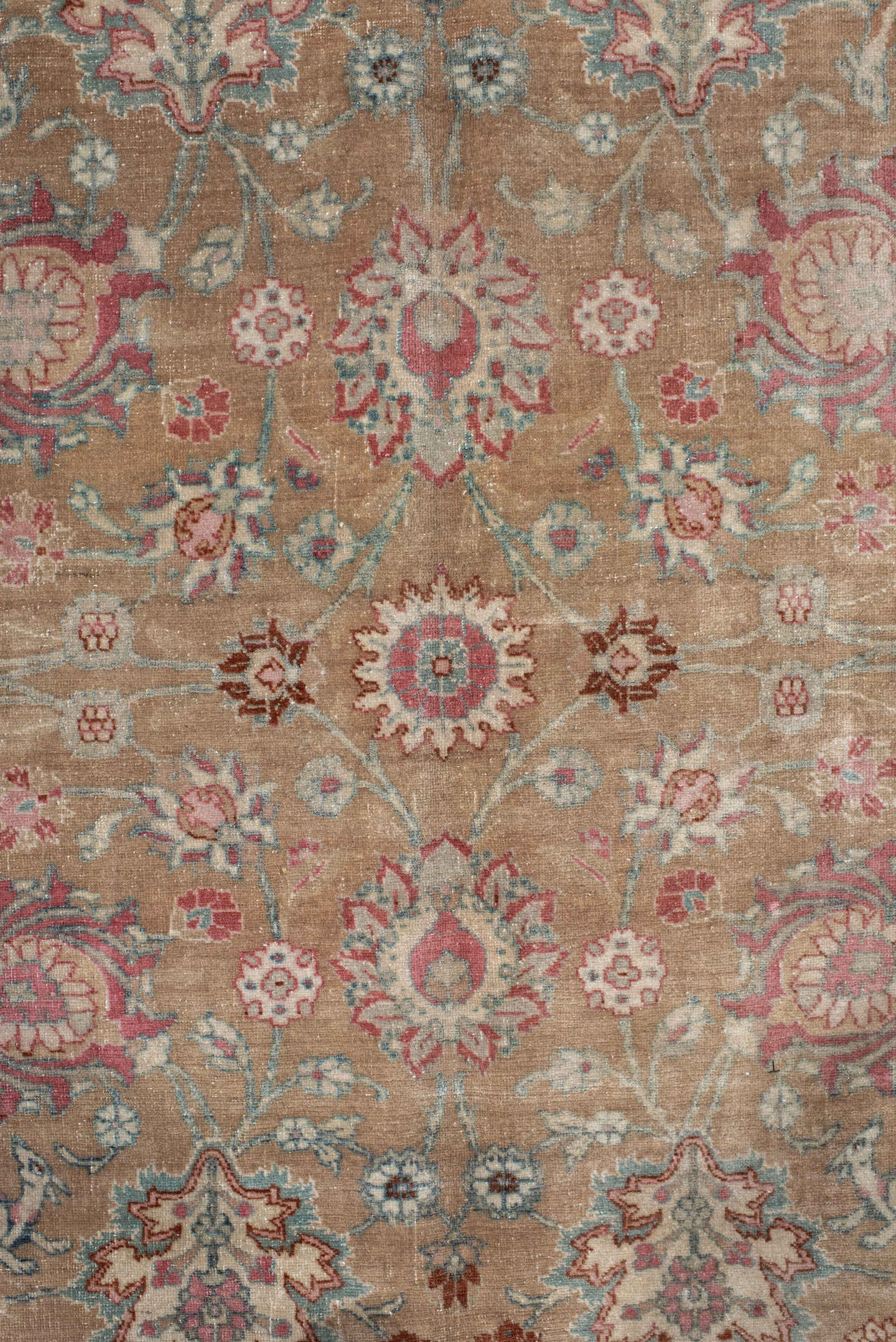 8' x 10' one-of-a-kind handmade vintage Tabriz large size rug. Color palette: tan, ivory, rose, aqua, dusty blue, taupe