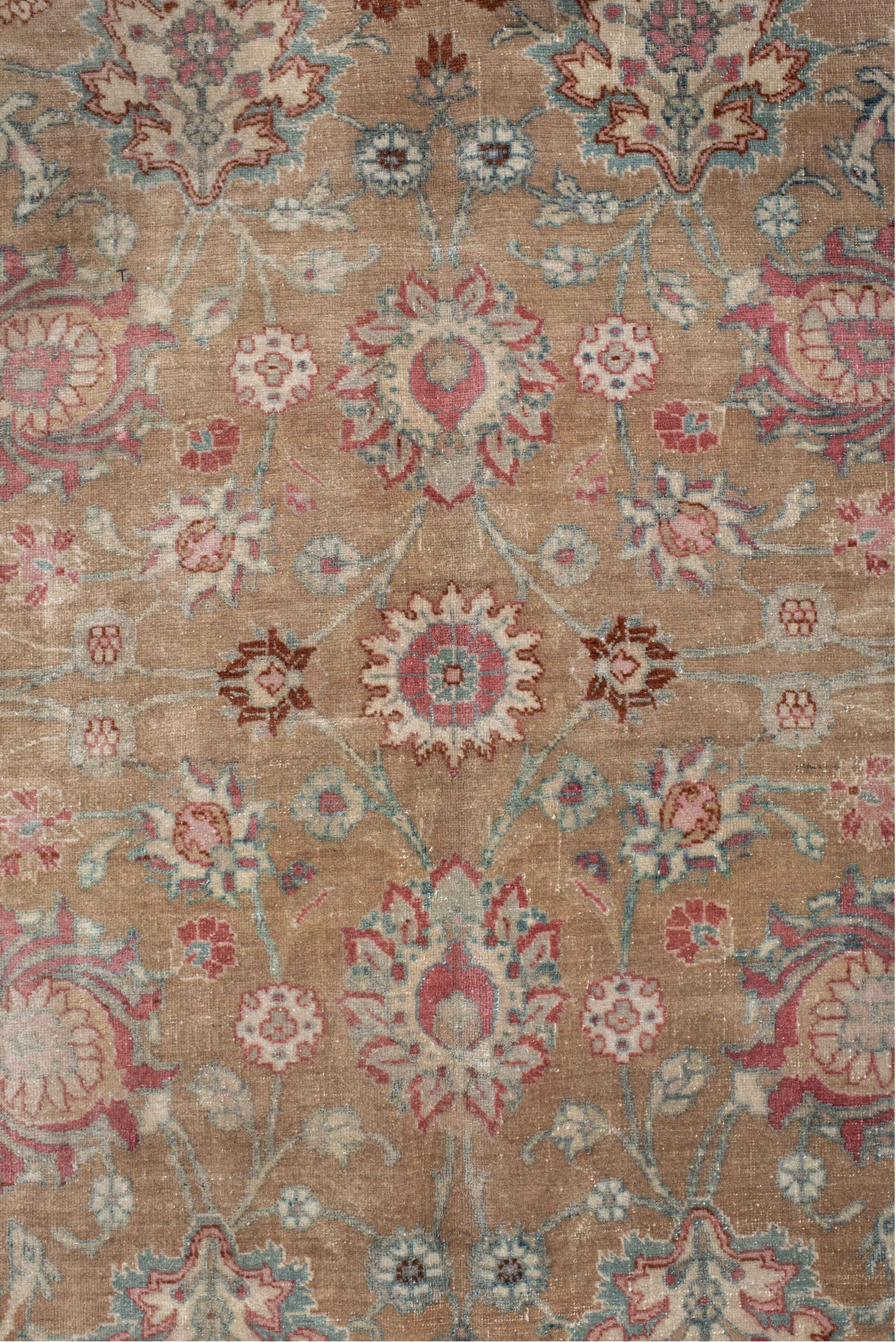 8' x 10' one-of-a-kind handmade vintage Tabriz large size rug. Color palette: tan, ivory, rose, aqua, dusty blue, taupe