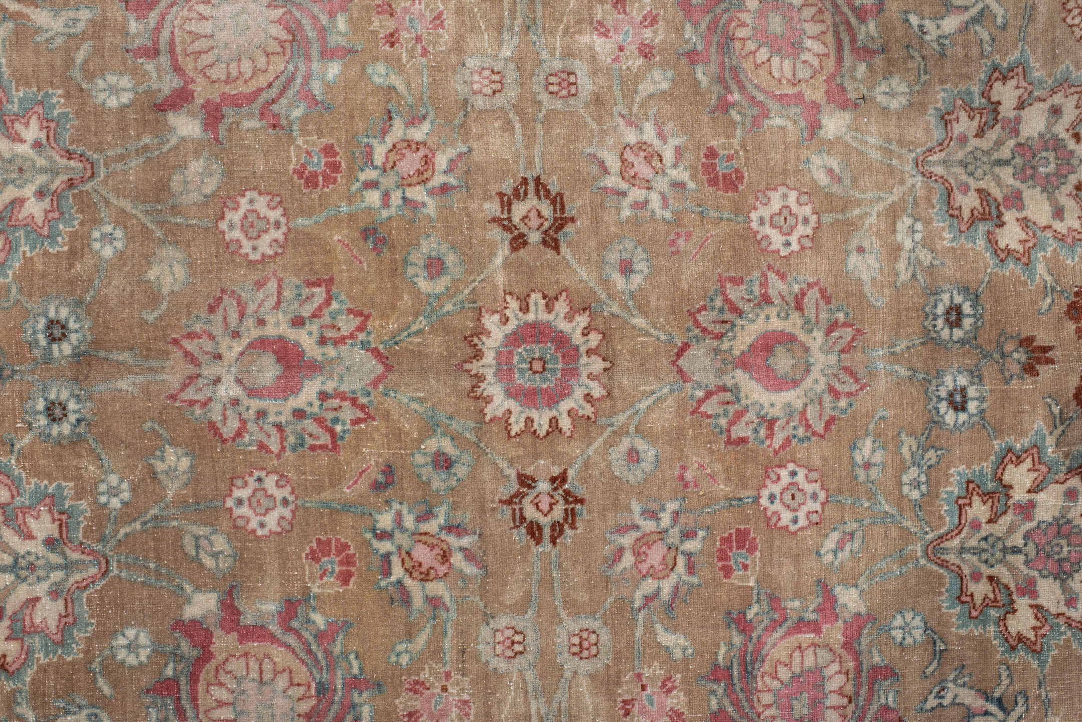 8' x 10' one-of-a-kind handmade vintage Tabriz large size rug. Color palette: tan, ivory, rose, aqua, dusty blue, taupe