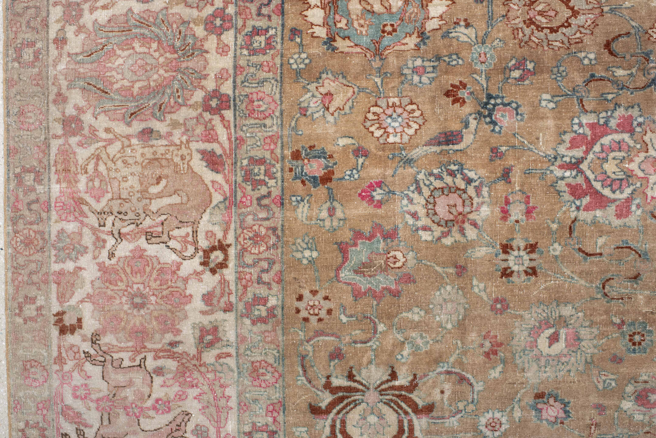 8' x 10' one-of-a-kind handmade vintage Tabriz large size rug. Color palette: tan, ivory, rose, aqua, dusty blue, taupe
