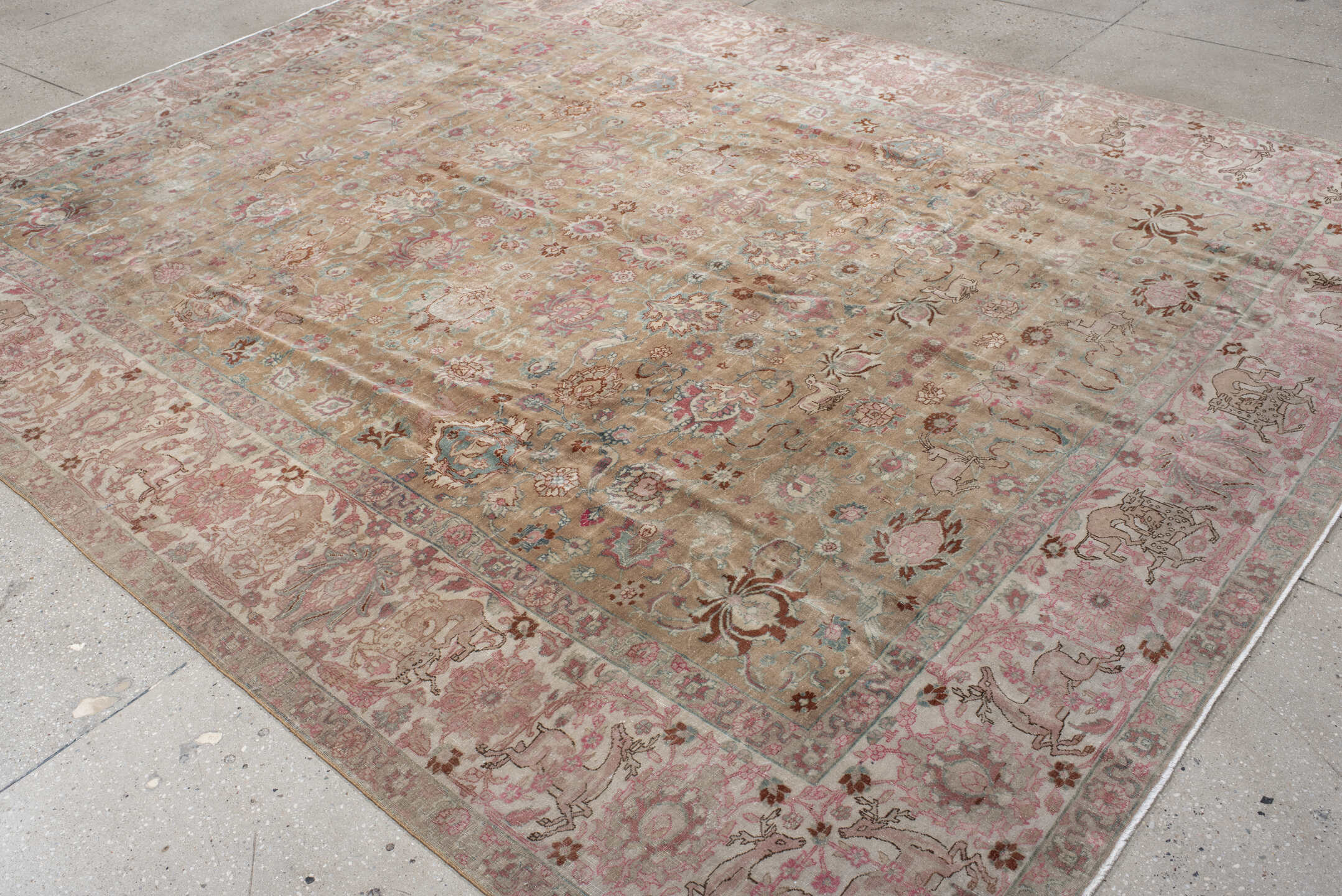 8' x 10' one-of-a-kind handmade vintage Tabriz large size rug. Color palette: tan, ivory, rose, aqua, dusty blue, taupe