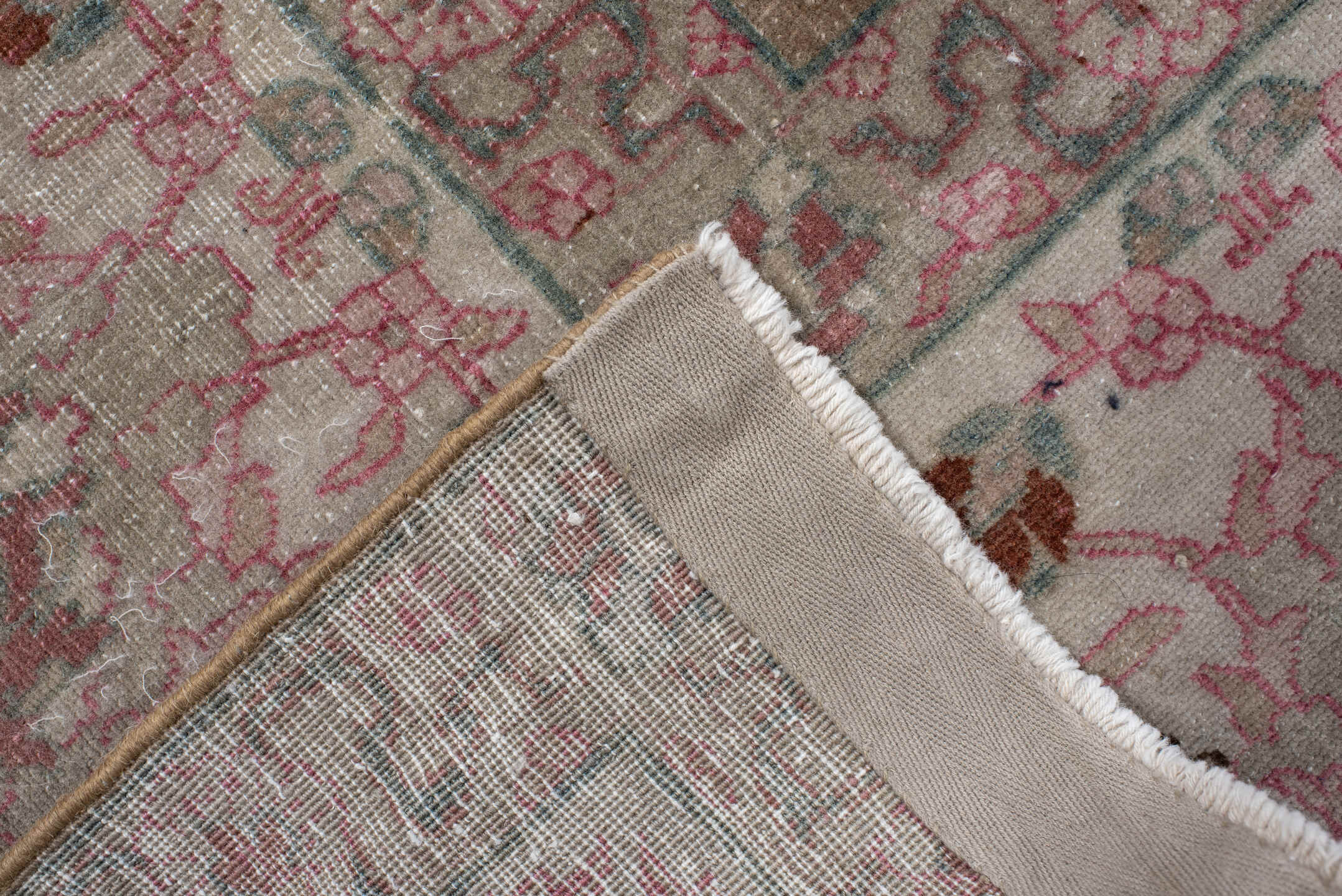 8' x 10' one-of-a-kind handmade vintage Tabriz large size rug. Color palette: tan, ivory, rose, aqua, dusty blue, taupe