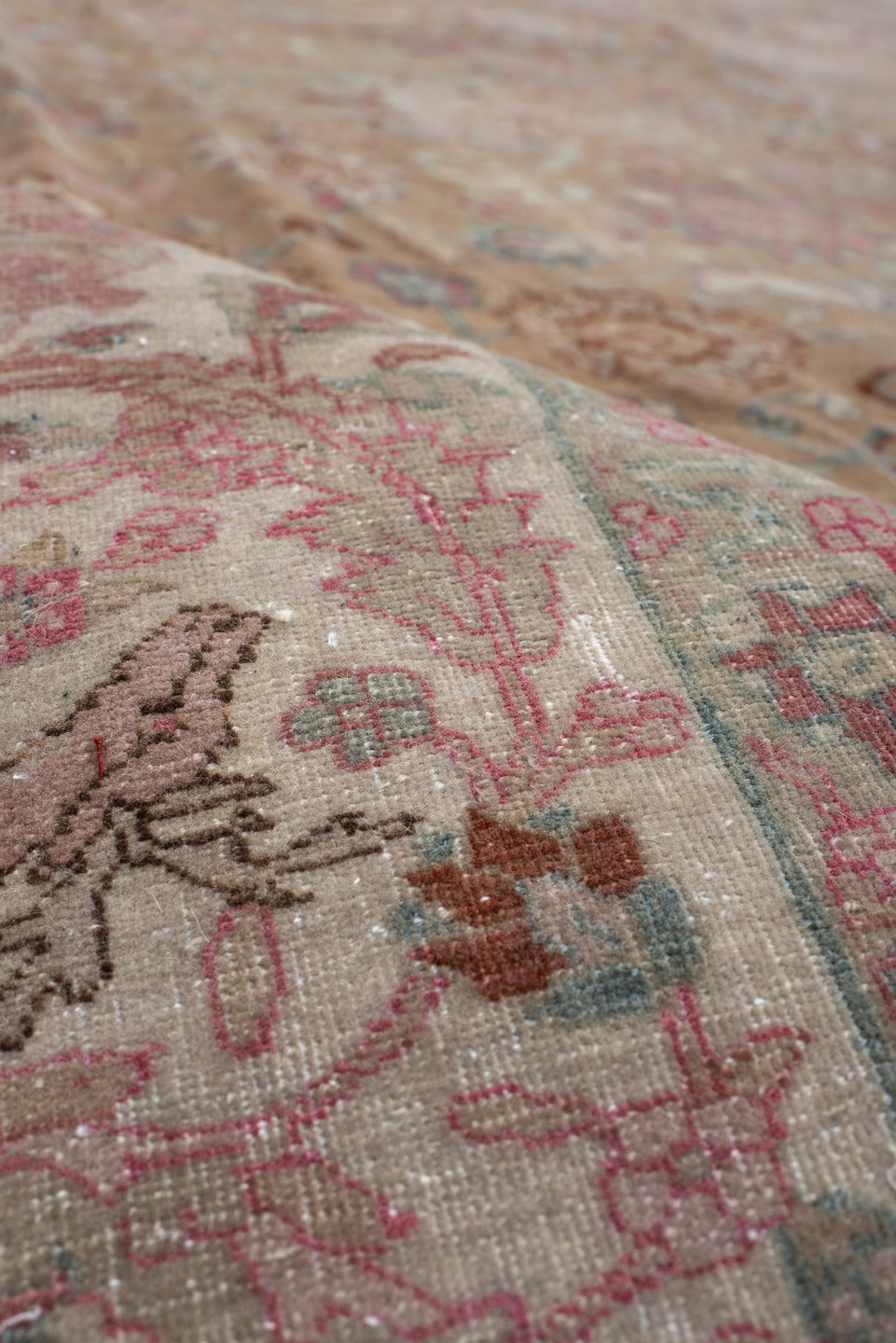 8' x 10' one-of-a-kind handmade vintage Tabriz large size rug. Color palette: tan, ivory, rose, aqua, dusty blue, taupe