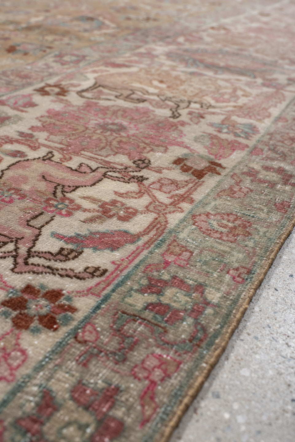 8' x 10' one-of-a-kind handmade vintage Tabriz large size rug. Color palette: tan, ivory, rose, aqua, dusty blue, taupe