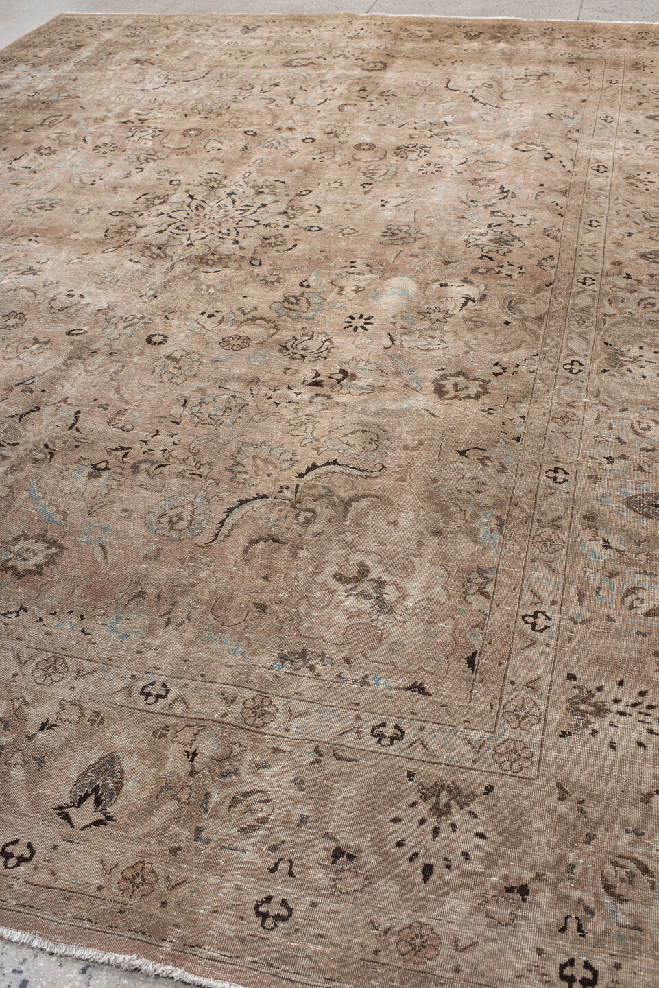 9' x 13' one-of-a-kind handmade vintage Meshed large size rug. Color palette: taupe, beige, ivory, charcoal, pale blue