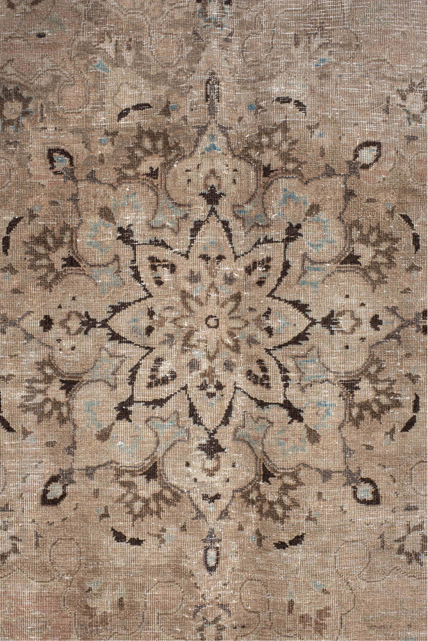 9' x 13' one-of-a-kind handmade vintage Meshed large size rug. Color palette: taupe, beige, ivory, charcoal, pale blue