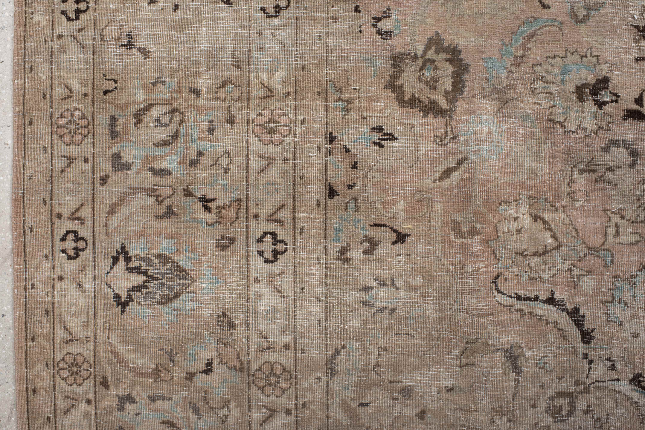 9' x 13' one-of-a-kind handmade vintage Meshed large size rug. Color palette: taupe, beige, ivory, charcoal, pale blue
