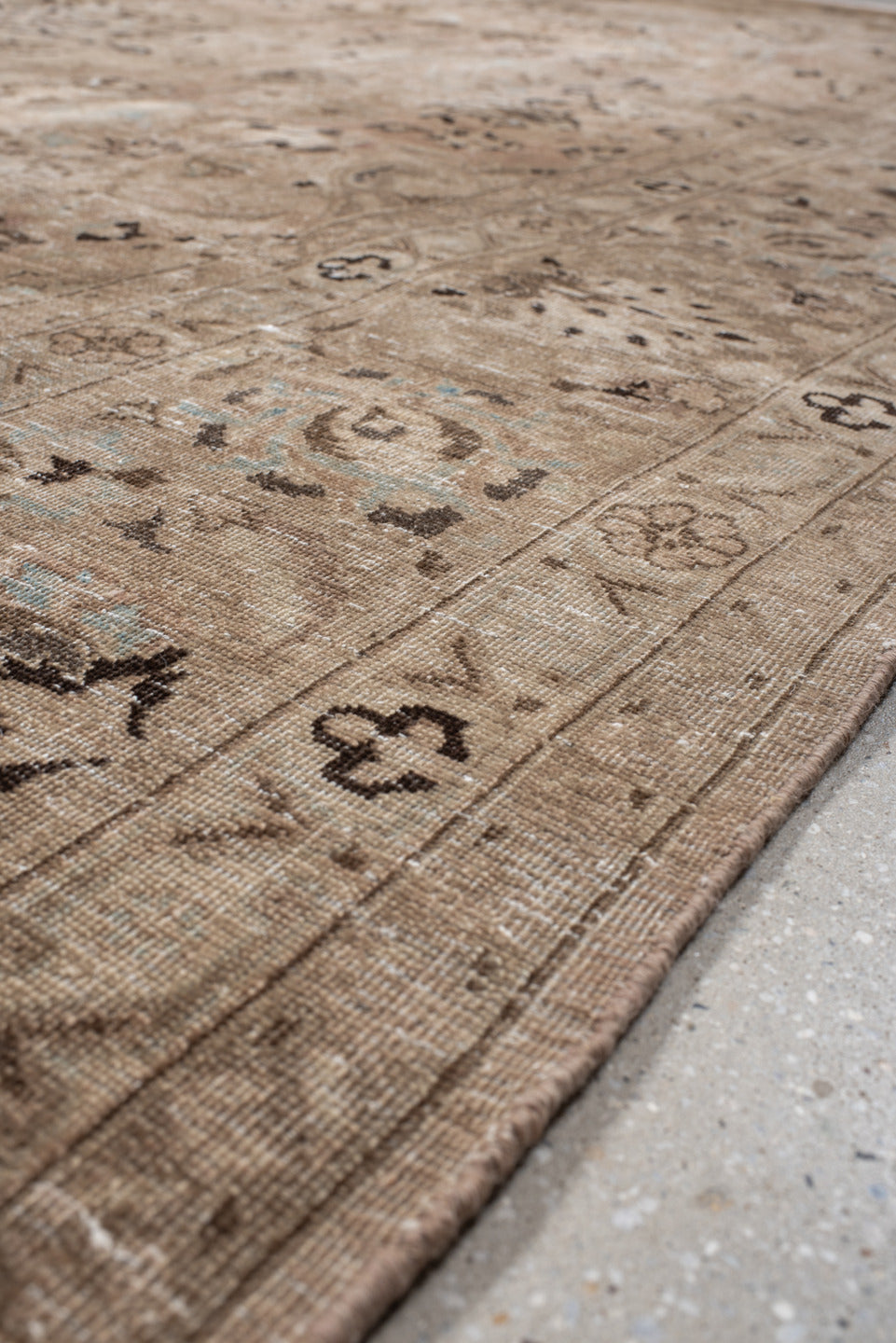 9' x 13' one-of-a-kind handmade vintage Meshed large size rug. Color palette: taupe, beige, ivory, charcoal, pale blue