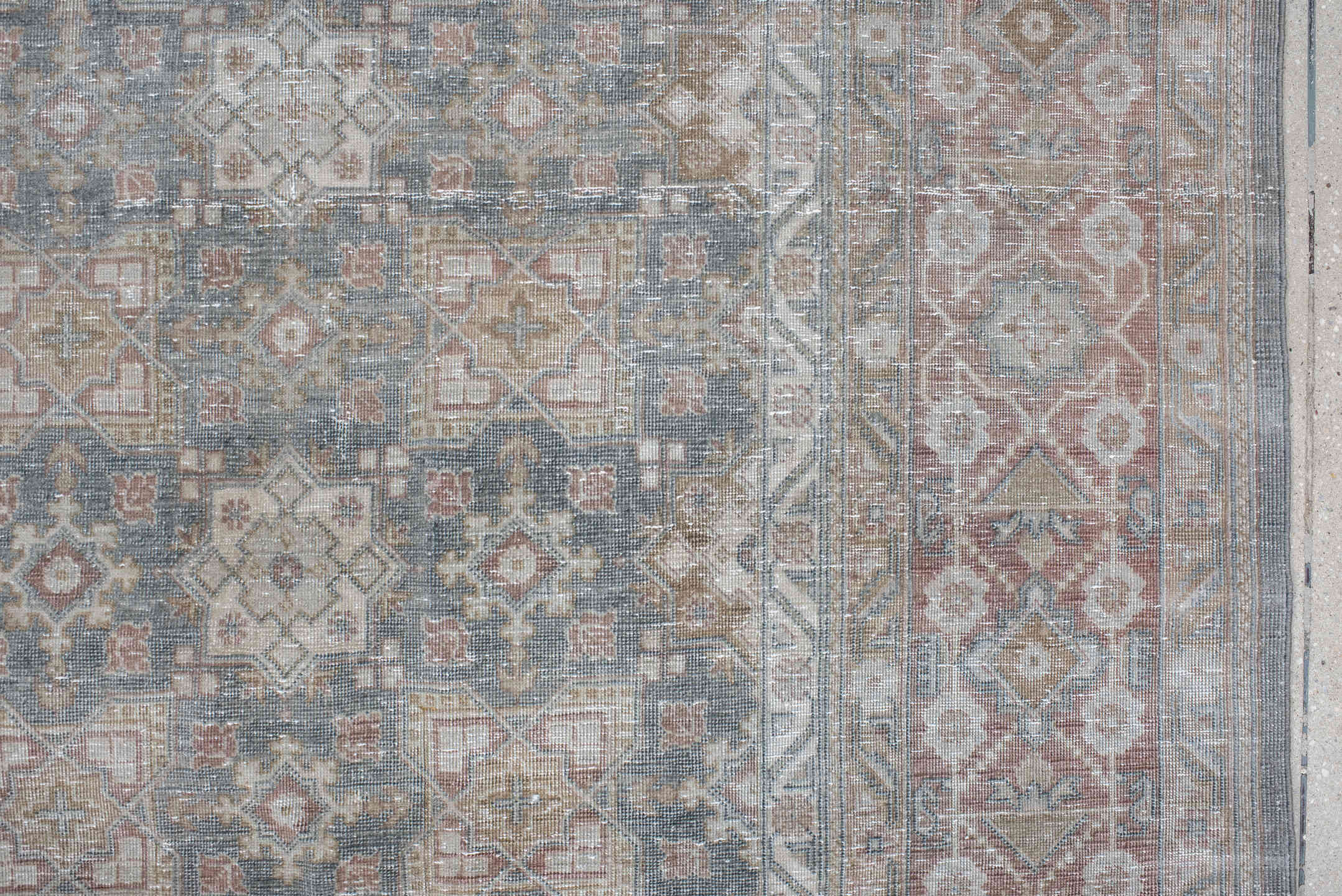 8' x 10' one-of-a-kind handmade vintage Sivas large size rug. Color palette: sky blue, ivory, rose, taupe, dusty coral