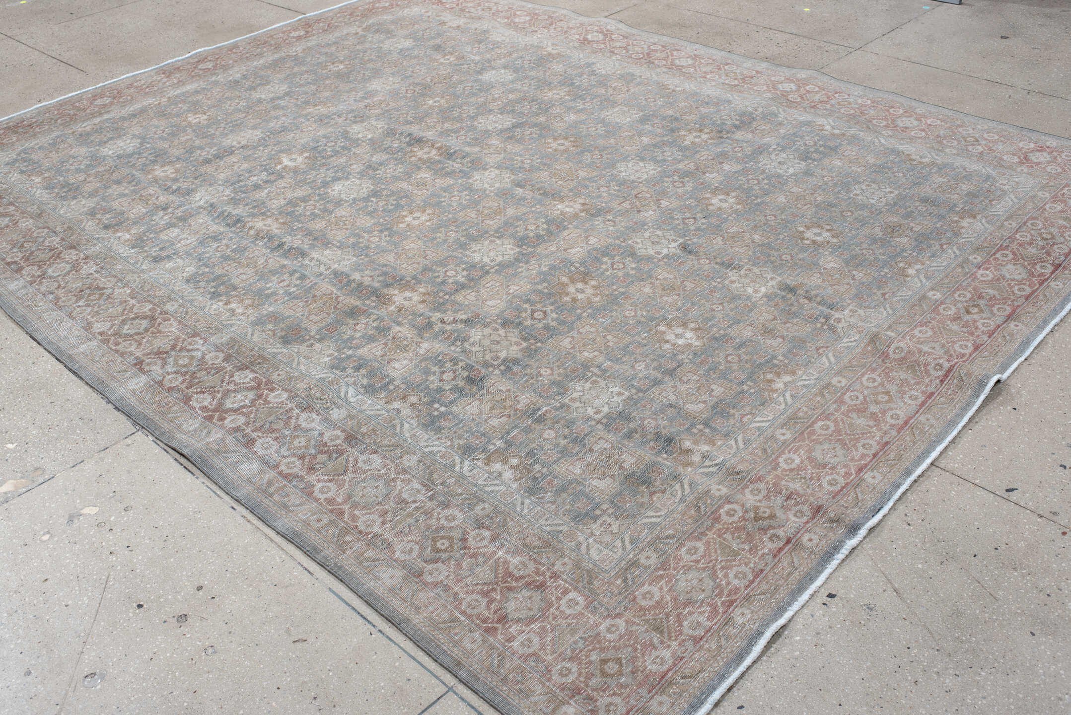 8' x 10' one-of-a-kind handmade vintage Sivas large size rug. Color palette: sky blue, ivory, rose, taupe, dusty coral