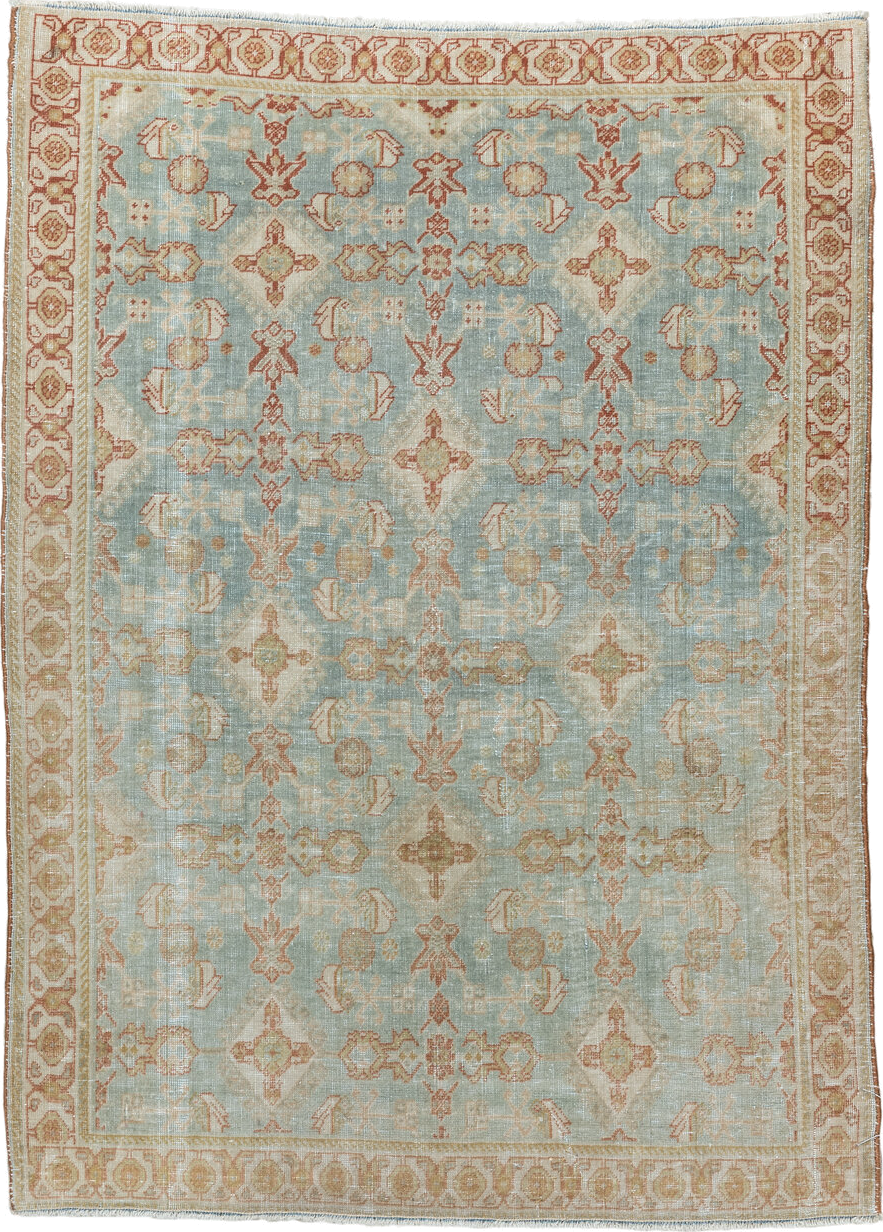 2' x 3' one-of-a-kind handmade vintage Qashqai small size rug. Color palette: pale blue, ivory, terra cotta, beige, camel