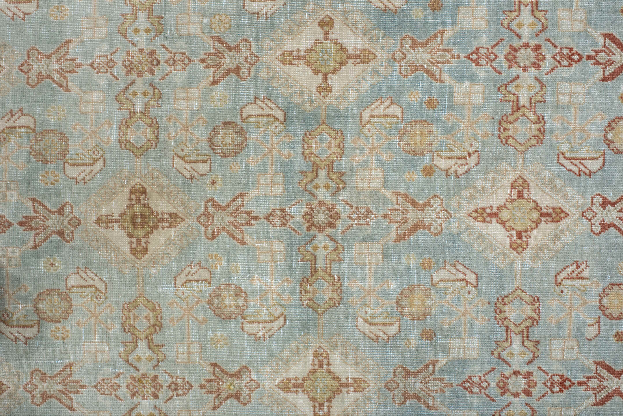 2' x 3' one-of-a-kind handmade vintage Qashqai small size rug. Color palette: pale blue, ivory, terra cotta, beige, camel